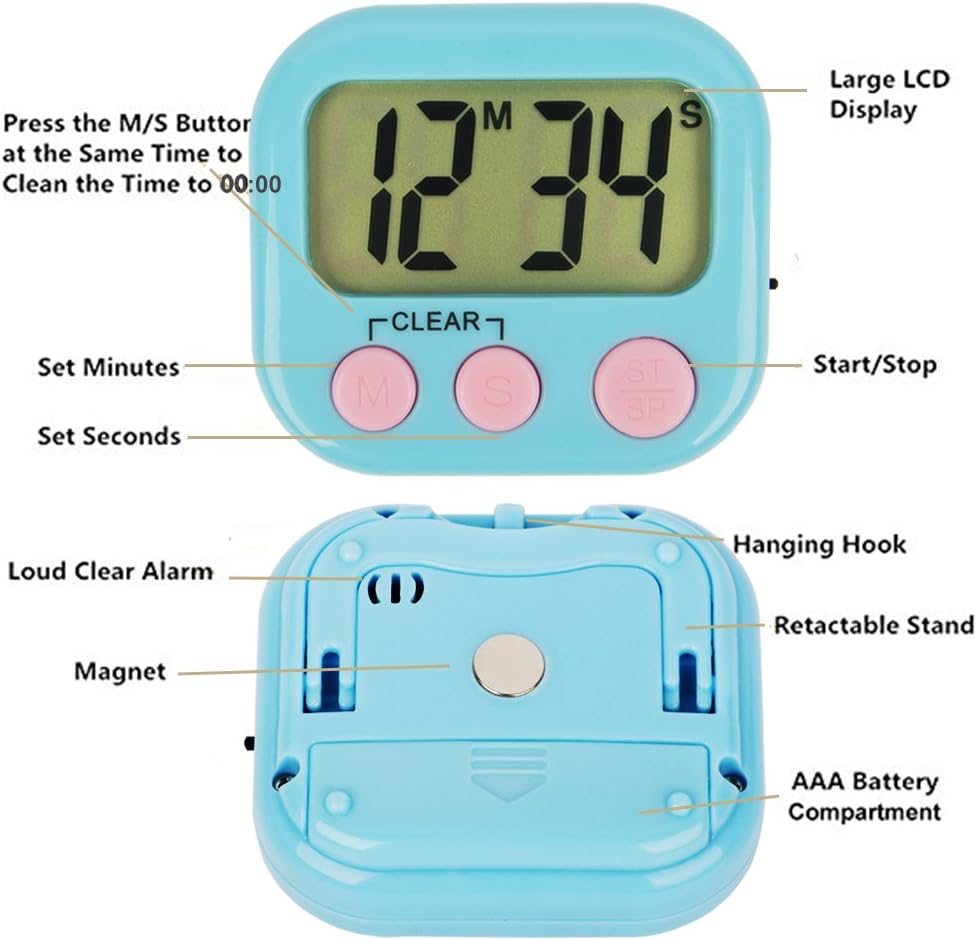 Confezione da 6 timer digitali per insegnanti, piccoli timer per bambini, retro magnetico, grande display LCD, allarme forte, minuti, secondi, conto - 4