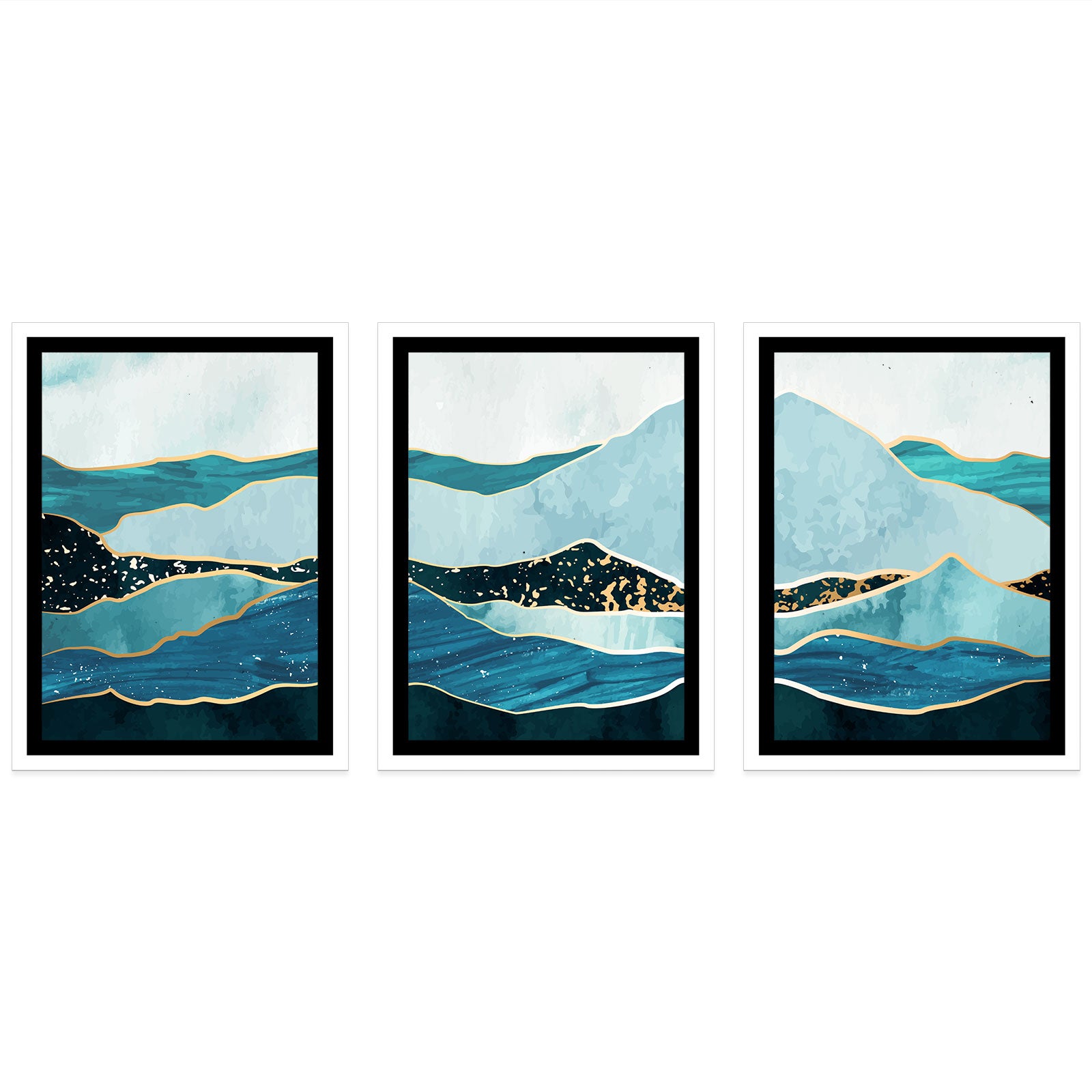 Lot de 3 affiches posters Triptyque décoratives - Vagues Design - Bordure Noire et Blanche - 3 Affiches - 21x29,7 cm (Cadres non fournis) - 4