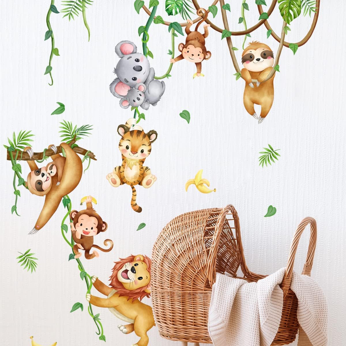 Stickers muraux animaux de la jungle, koala, lion, singe, paresseux, vigne, décoration murale pour chambre d'enfant, bébé, crèche, salon - 7