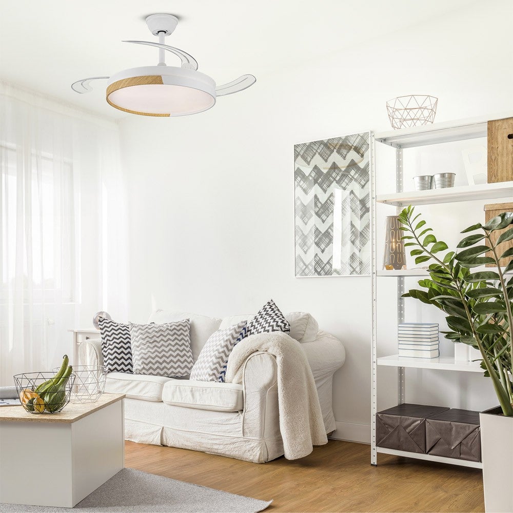 Ventoinha de teto com luz retratil motor DC silencioso com comando Wonderlamp Altona branco+madeira 106 cm cor de luz regulavel - 4
