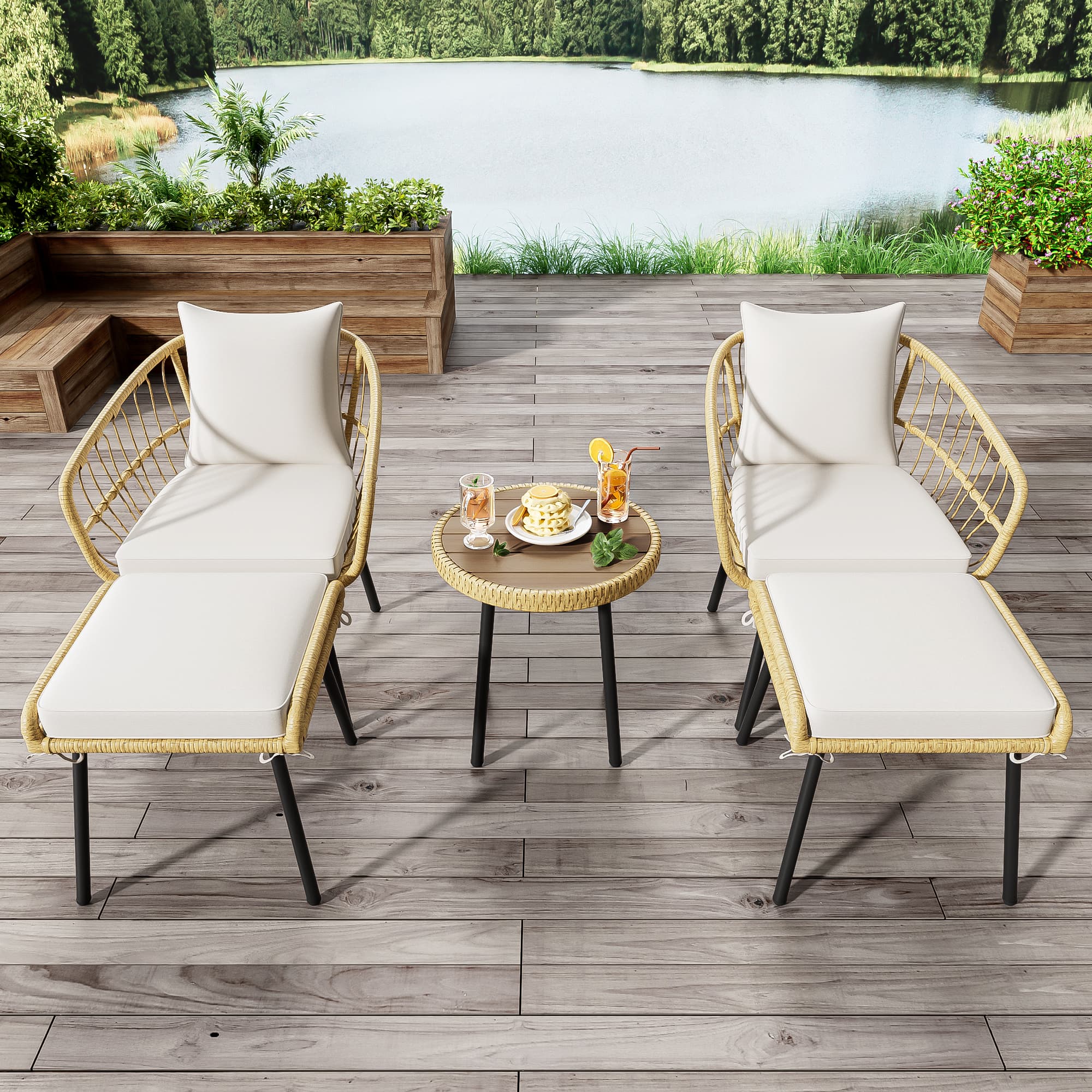 Ensemble Lounge de Jardin 5 Pièces, Composé d‘1 Table à Manger, 2 Chaises, 2 Tabourets, Mobilier en Rotin, Naturel - 2