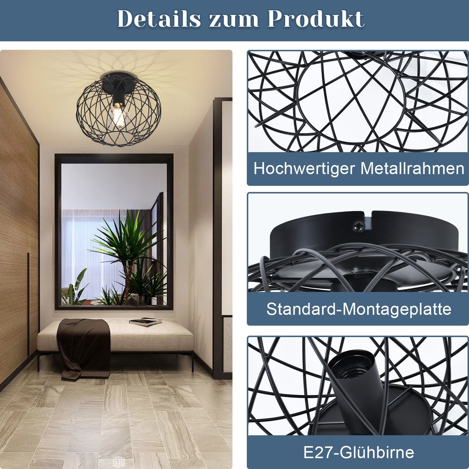 NETTLIFE Plafonnier E27 Rond Noir 30CM Max. 40W Lampe de Couloir en Métal Rétro Vintage Abat-Jour Industriel pour Allée Salon Chambre Cuisine - 3