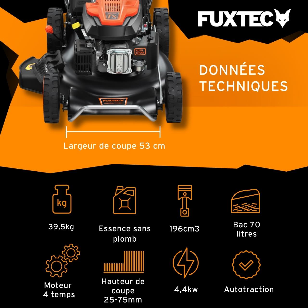 Tondeuse à gazon thermique autotractée FUXTEC FX-RM5396 – 196 cm³ – 53 cm – 6CV – Bac 70L - 3