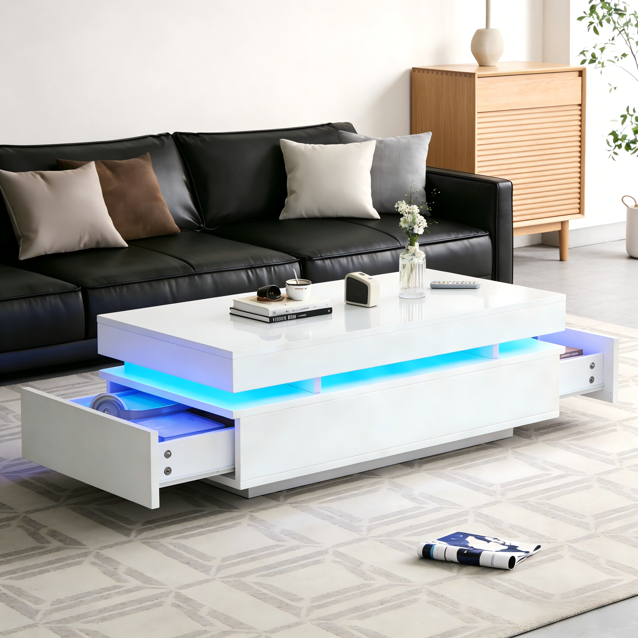 Lakierowany stolik kawowy o wysokości 100 x 50 x 35 cm - z oświetleniem LED - z 2 szufladami - płyta wiórowa Płyta wiórowa - biały
