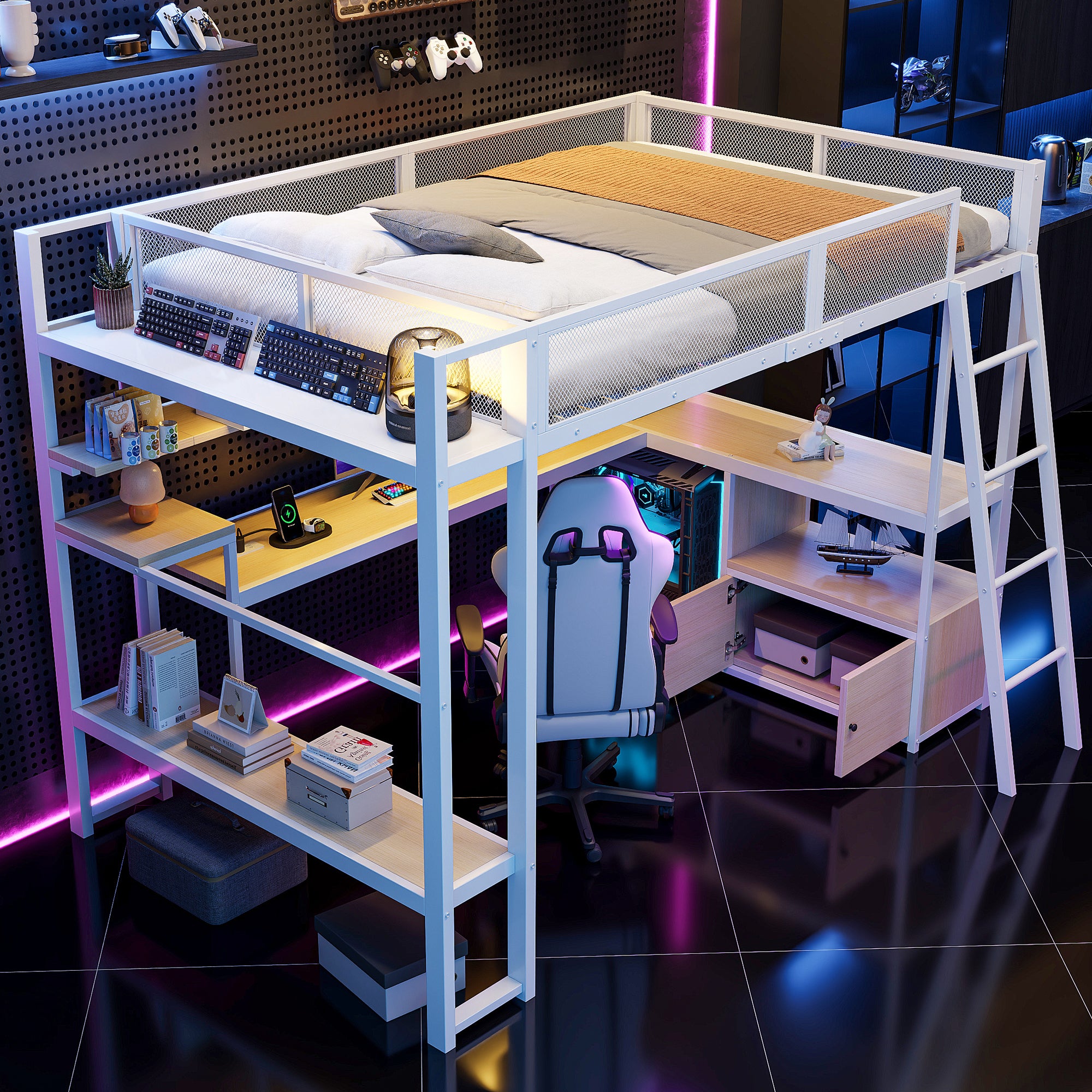 Metalowe Łóżko Piętrowe Gamingowe (140x200 cm) ze Zintegrowanym Biurkiem, Oświetleniem LED i Dużo Miejsca do Przechowywania, Białe