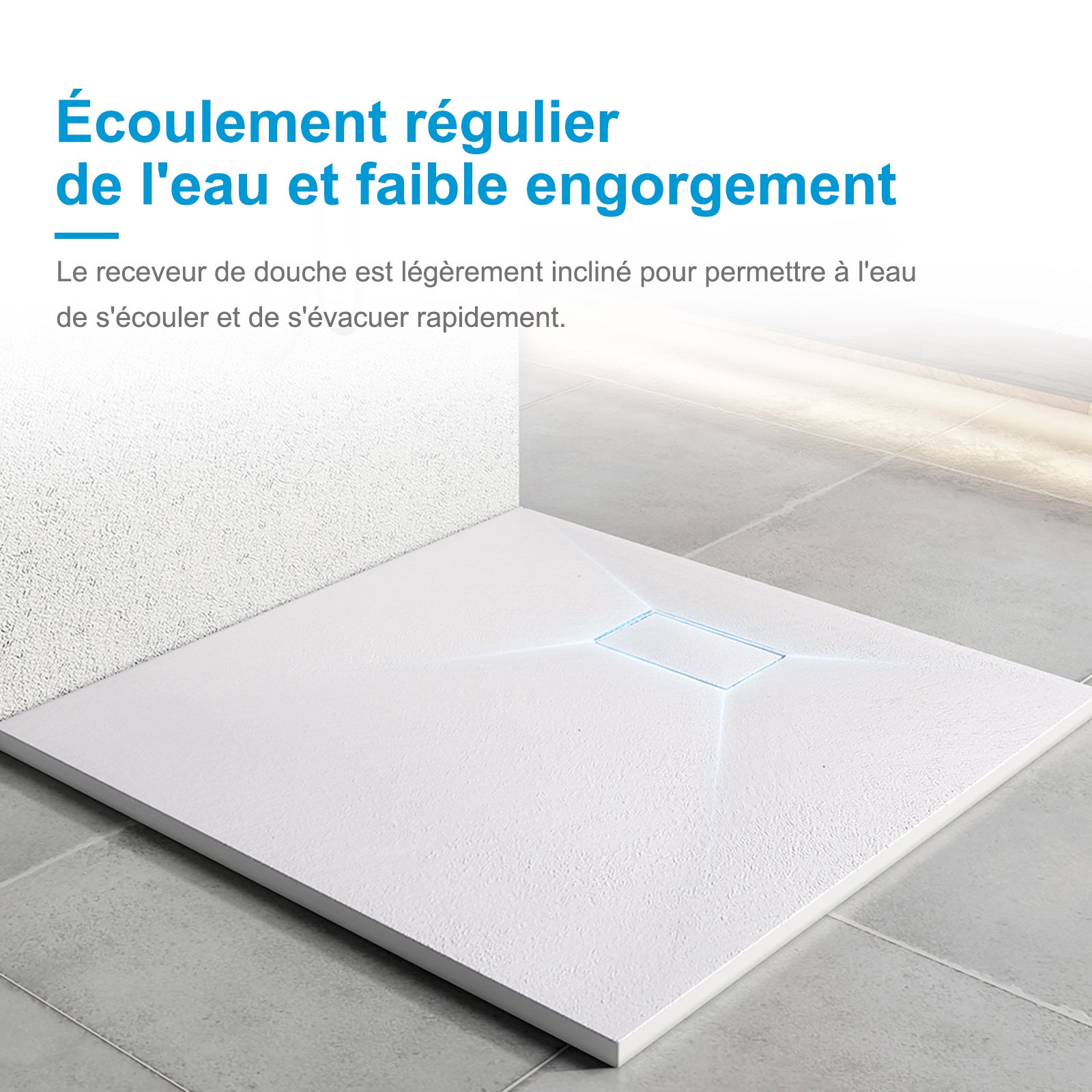 Heilmetz Receveur de Douche 90x90 cm Blanc Carré Ultra Plat en Résine Effet Pierre Antidérapant, avec bonde - 2