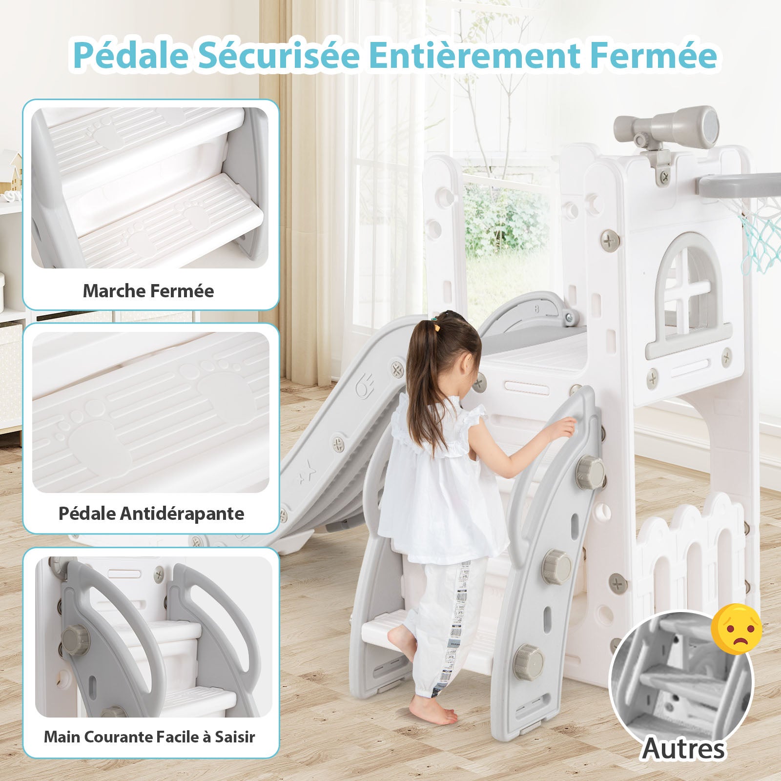 6 en 1 Toboggan Enfant en HDPE avec Panier de Basket & Télescope, Aire de Jeux Intérieure avec Échelle & Espace de Rangement, Blanc+Gris, pour 1 Ans+ - 7