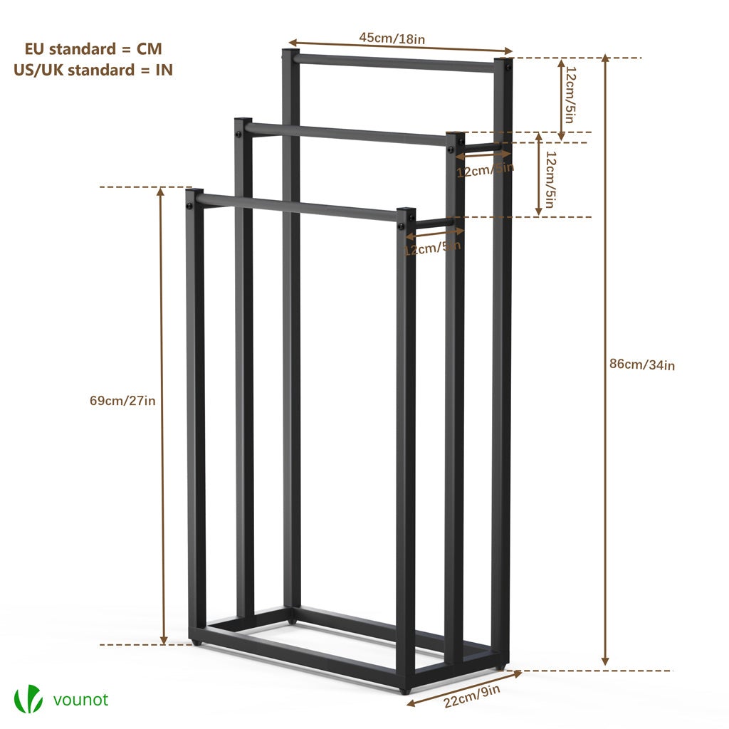 VOUNOT® Porta Asciugamani Bagno da Terra, Portasciugamani Autoportante in Metallo con 3 Bracci, Organizzatore per Bagno, 45x22x86 cm, Nero - 4