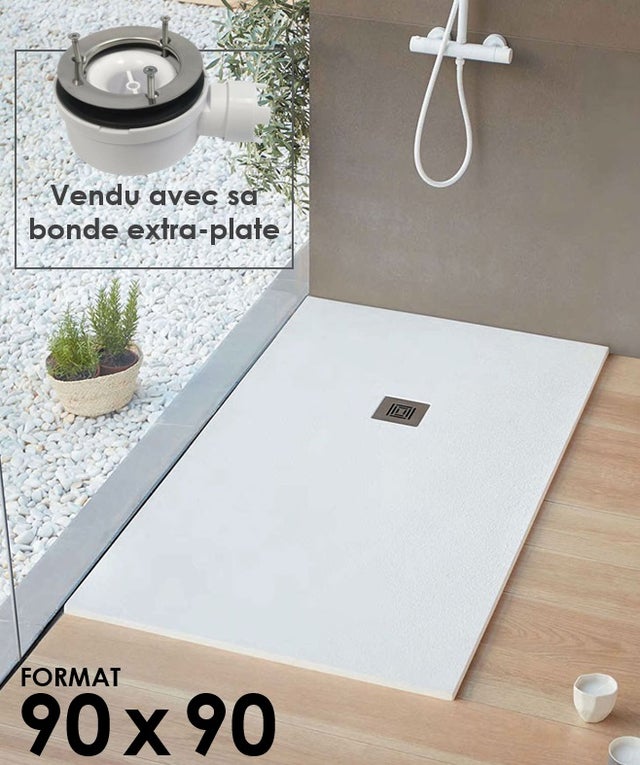 Receveur de douche extraplat, résine, blanc L.90 x l.90 cm, Logic de marque SANYCCES + Bonde extra-plate