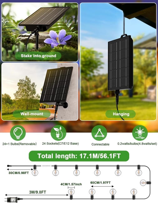 Guirlande Solaire Exterieur, 15m Guirlande Lumineuse Solaire avec 24+1 G40 Ampoules, 8 Modes Étanche IP44 Guirlande Guinguette Extérieur - 6