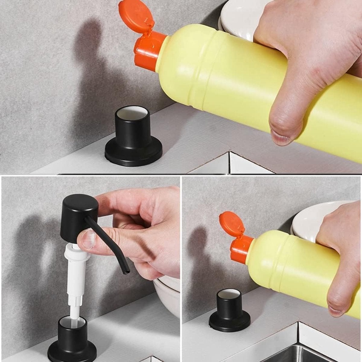 20PCS Distributeur de savon encastrable en acier inoxydable - 300 ml, 360° - Compatible avec les trous de 25 à 36 mm sur les plans de travail -Noir - 3