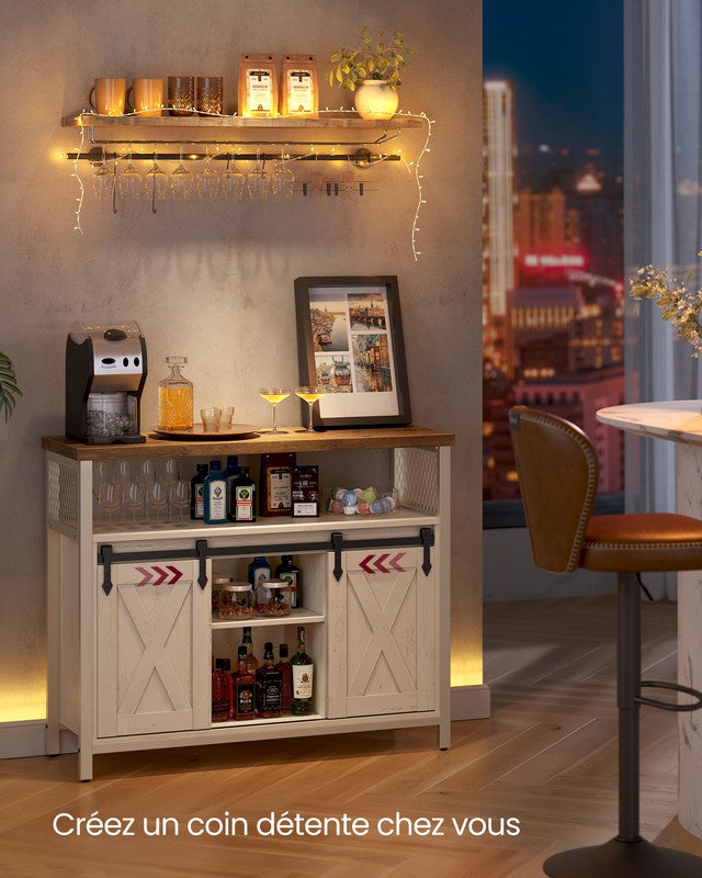 Buffet de Cuisine, avec 2 Portes Coulissantes, 33 x 100 x 80 cm, Étagères Réglables, pour Salon, Blanc Rustique et Marron Miel - 4