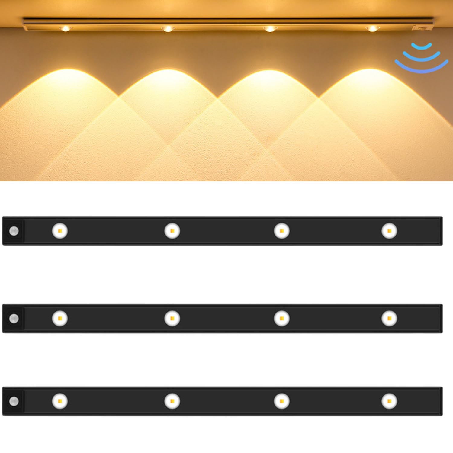 Zestaw 3 lamp LED z czujnikiem ruchu, 3 kolory, regulacja intensywności, ładowane przez USB, do szafki kuchennej, schodów (czarne, 50 cm)
