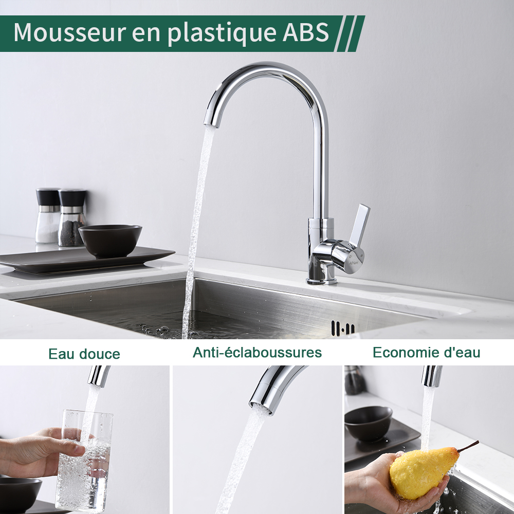Torneira de cozinha, misturadora de lava-loiça giratória 360°, misturadora de cozinha em aço inoxidável com arejador amovível, cromada, formato U - 9
