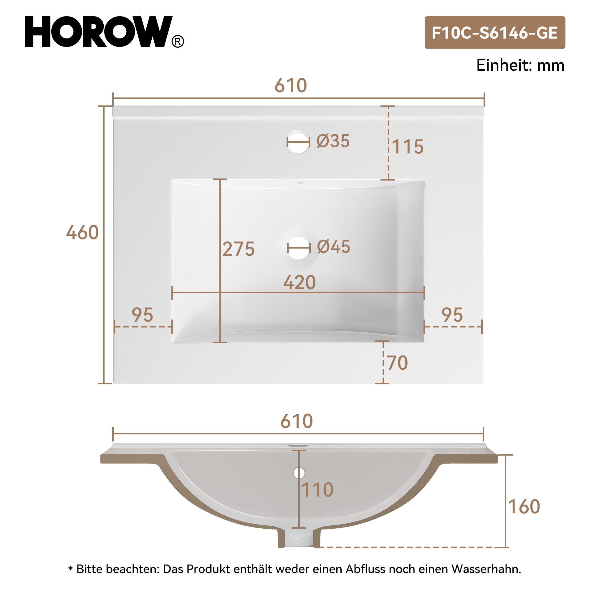 HOROW Lavabo rettangolare da incasso in ceramica, largo 60 cm, per mobile base, con troppopieno, ideale per bagni ospiti e piccoli bagni - 2