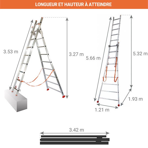 Echelle transformable 2x12 barreaux - Longueur déployée 5,66m - Sol plat ou escalier - ATL350-2 - 2