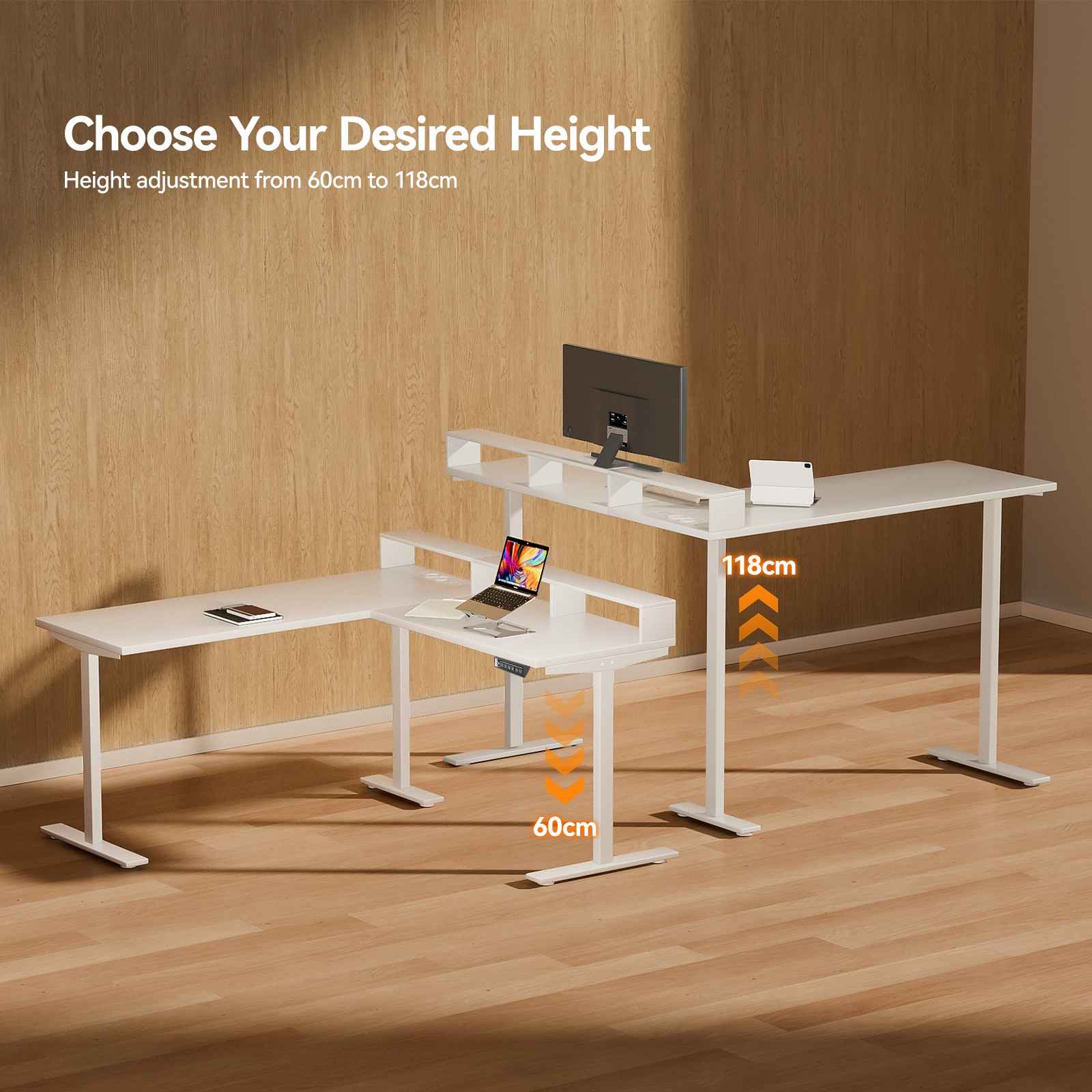 Bureau debout en L avec prises, bureau d’angle électrique réglable en hauteur avec support écran, bureau ergonomique maison pour travail et gaming - 4