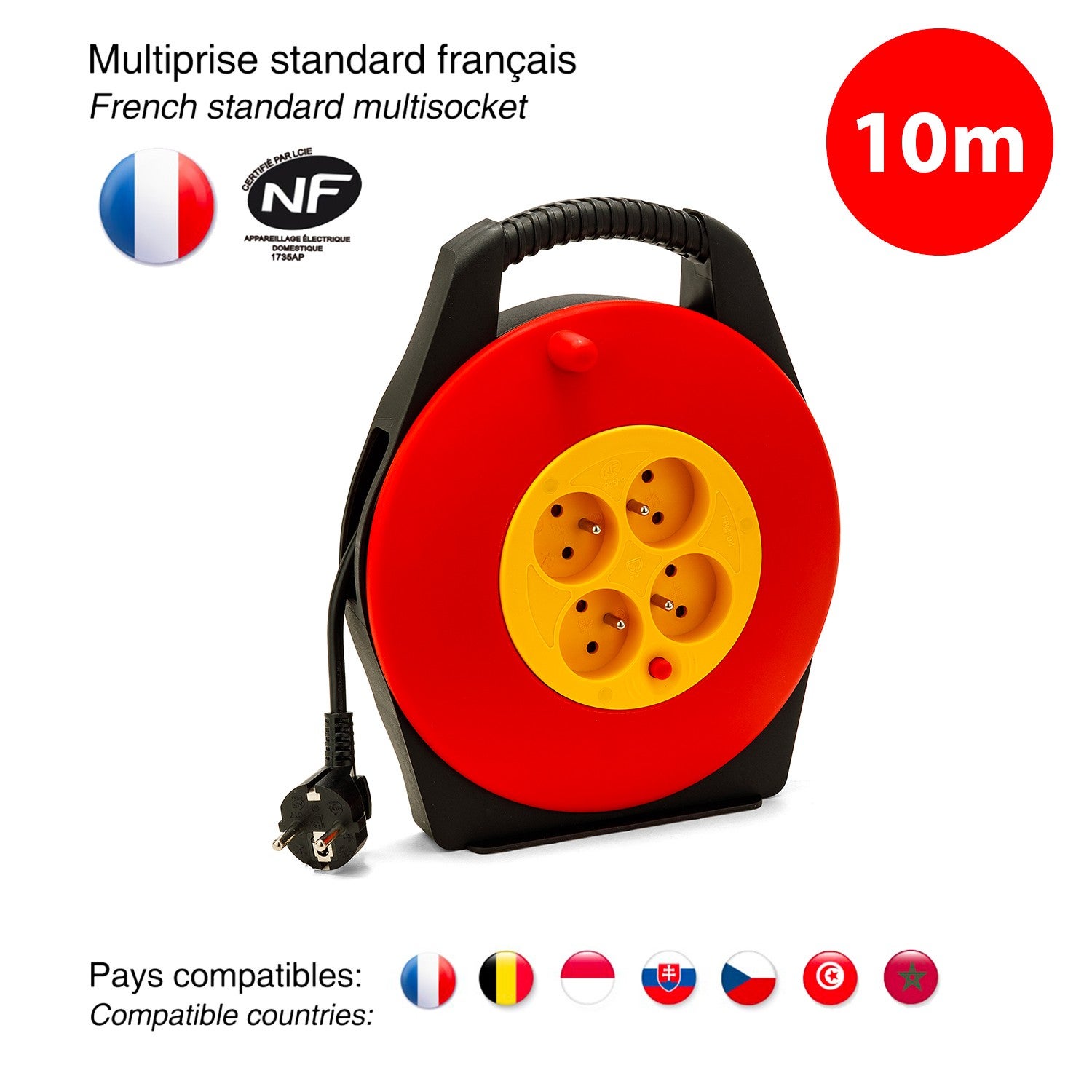 Enrouleur électrique domestique 10m, H05VV-F3G1.0MM2, 4 prises françaises 2P+T 16A, NF, CE - 10