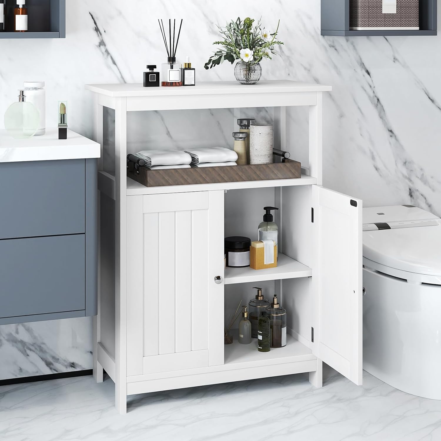 Mobile da bagno, armadio da bagno a terra con doppie ante, ripiano grande, 2 scomparti aperti, moderno per ingresso, soggiorno (bianco) - 2