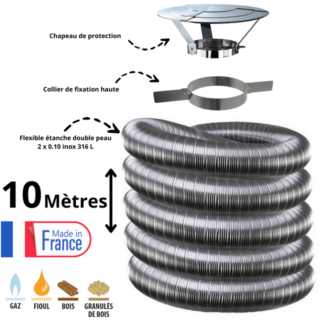 Kit tubage flexible double peau inox diamètre 150 + collier + chapeau Edilinox - Longueur 10 mètres
