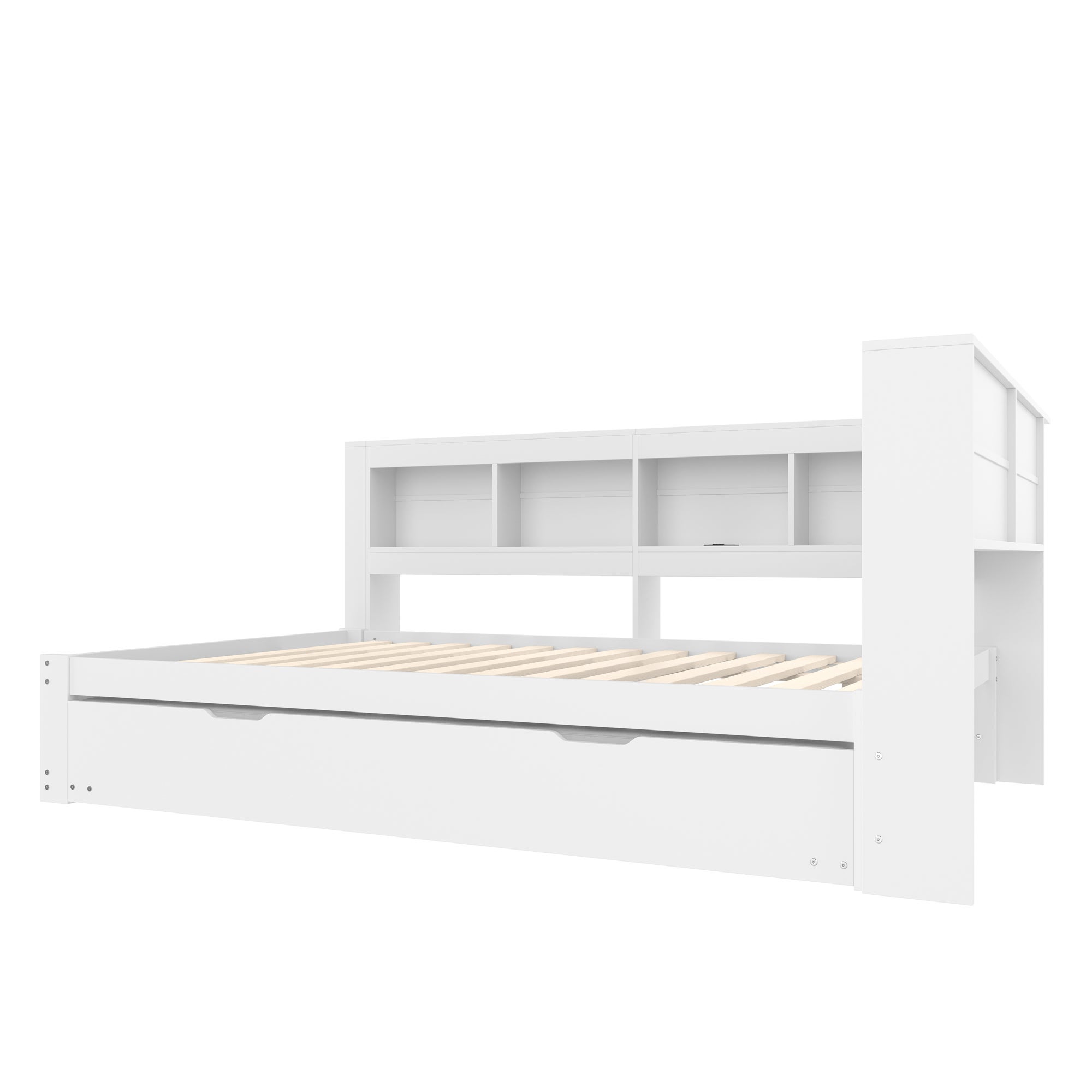 letto contenitore 140x200 cm, 2 cassetti, presa e 2 USB, MDF e pino, Bianco, senza materasso - 5