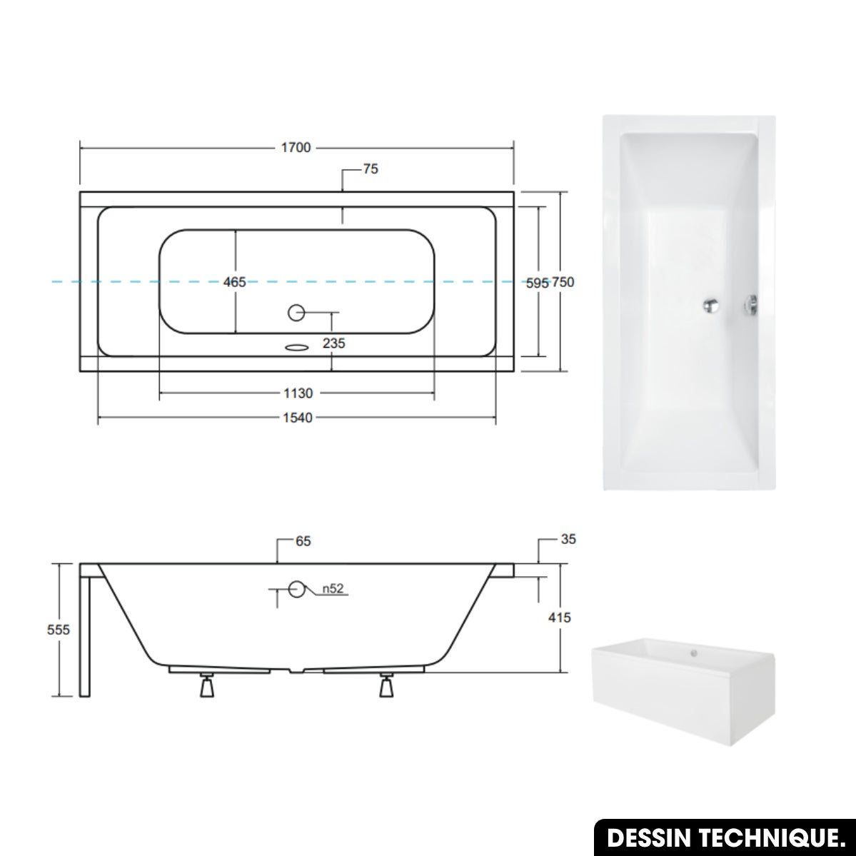 Baignoire rectangulaire - avec Tablier Blanc et Repose Tête OFFERT | QUADRO | 170x75 - 5