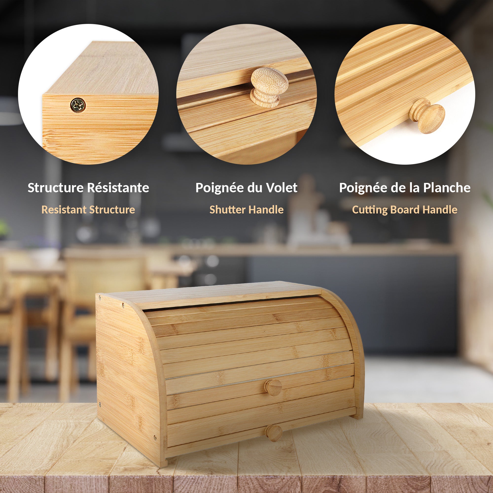 Boîte à pain bambou naturel fermeture par glissière planche à découper rainurée intégrée conservation pain viennoiseries design élégant durable - 4