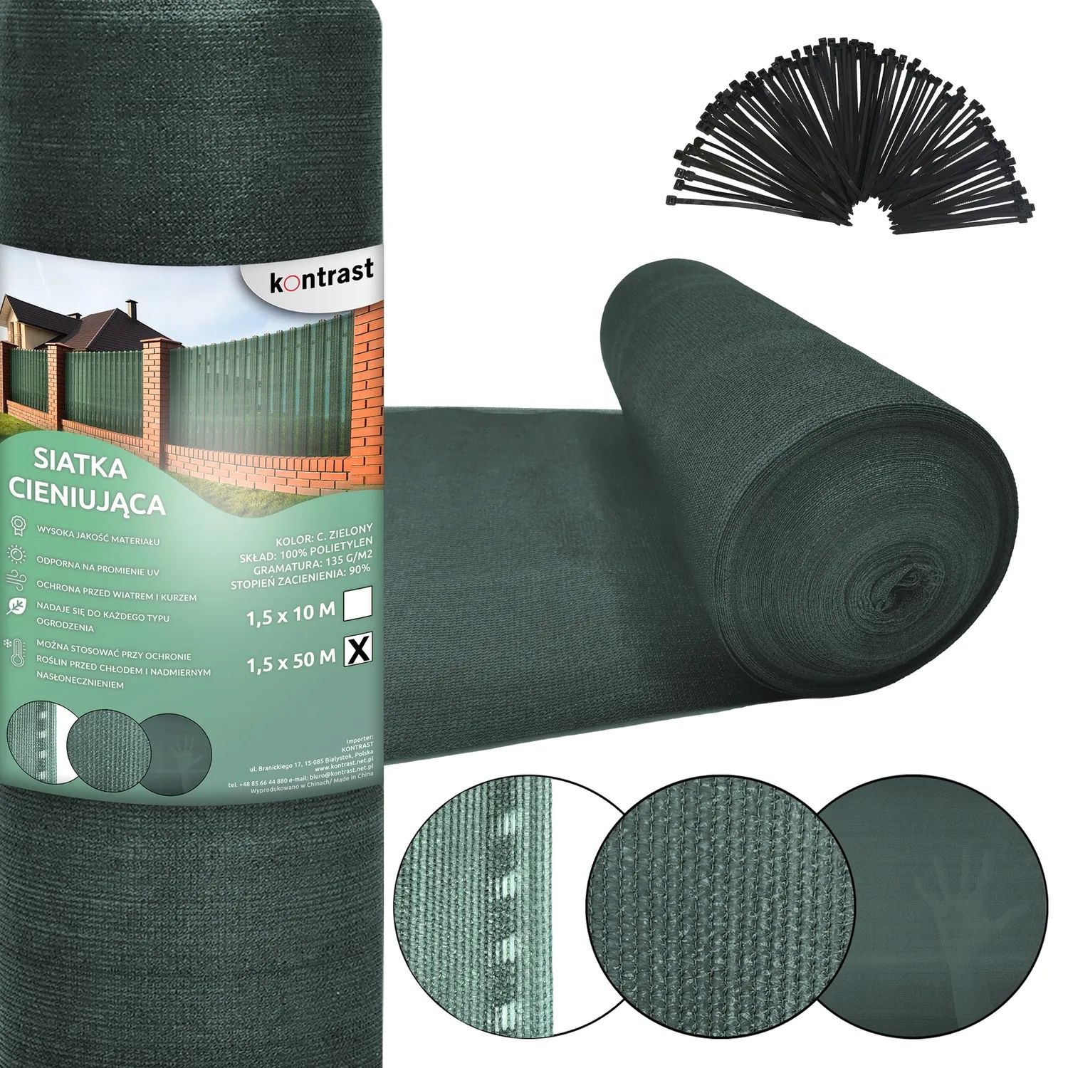 Siatka cieniująca mata osłona płot ogrodzenie 1,5x50 m 90% 135 g + opaski UV zielona