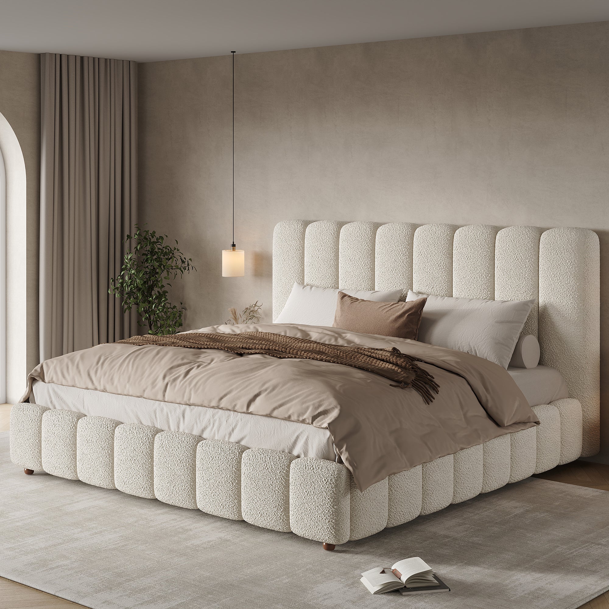 Lit Coffre 160x200 cm avec Hydraulique Rangement, lit capitonnée avec sommier à lattes, lit double en Tissu, blanc (Sans Matelas) - 6