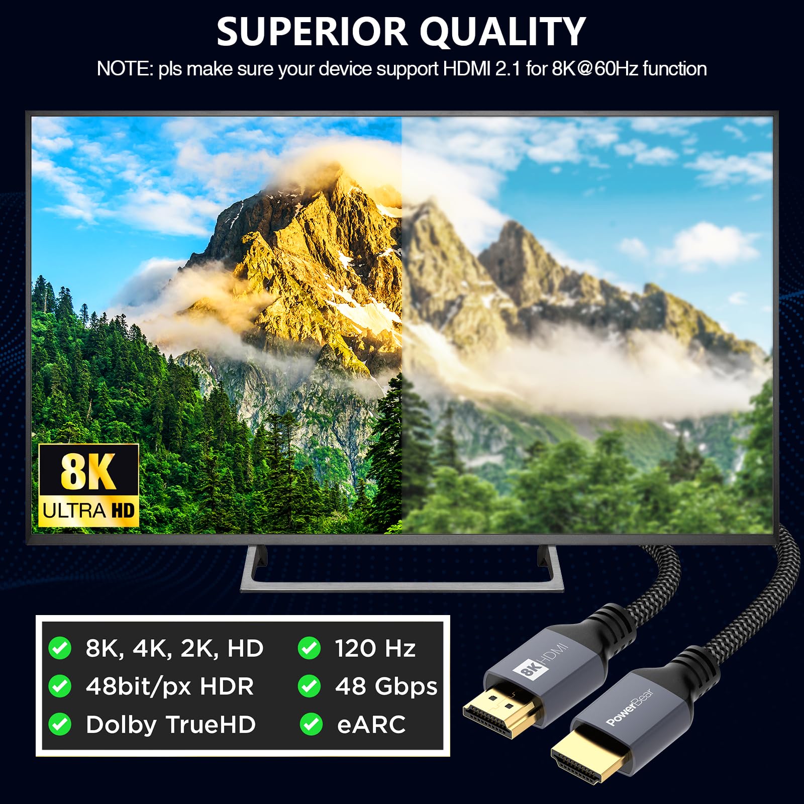 Cavo HDMI 2.0 Ad Alta Velocità 15,2 Metri – 4K 60Hz, 18 Gbps, Nylon Intrecciato, Connettori Placcati Oro 24K Per PS5, Xbox, PC, Monitor - 4