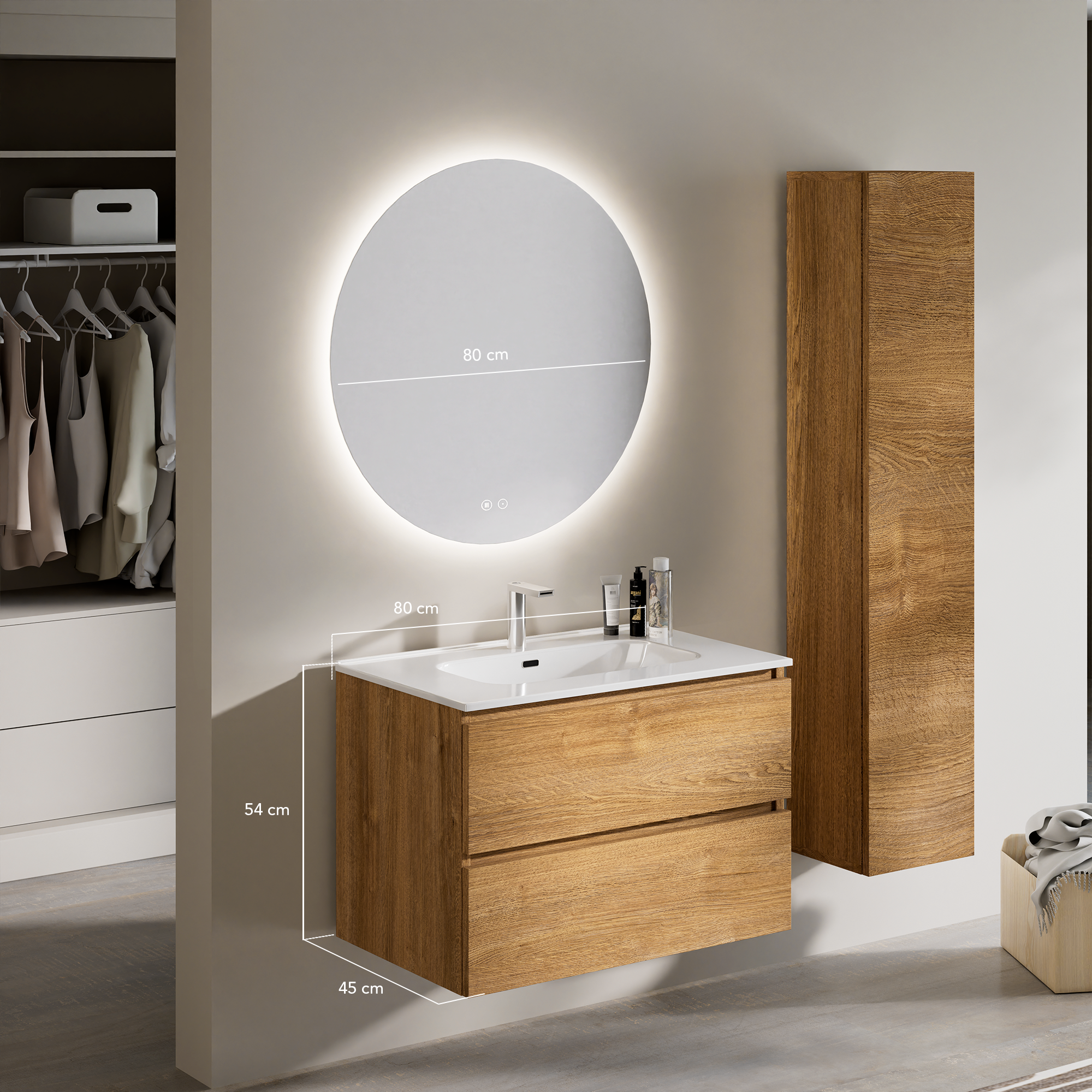 Feel Your Bath, Mobile Bagno PANTER Marrone 80 cm, 2 Cassetti, Lavabo in Ceramica Integrato e Specchio Rotondo LED - 3