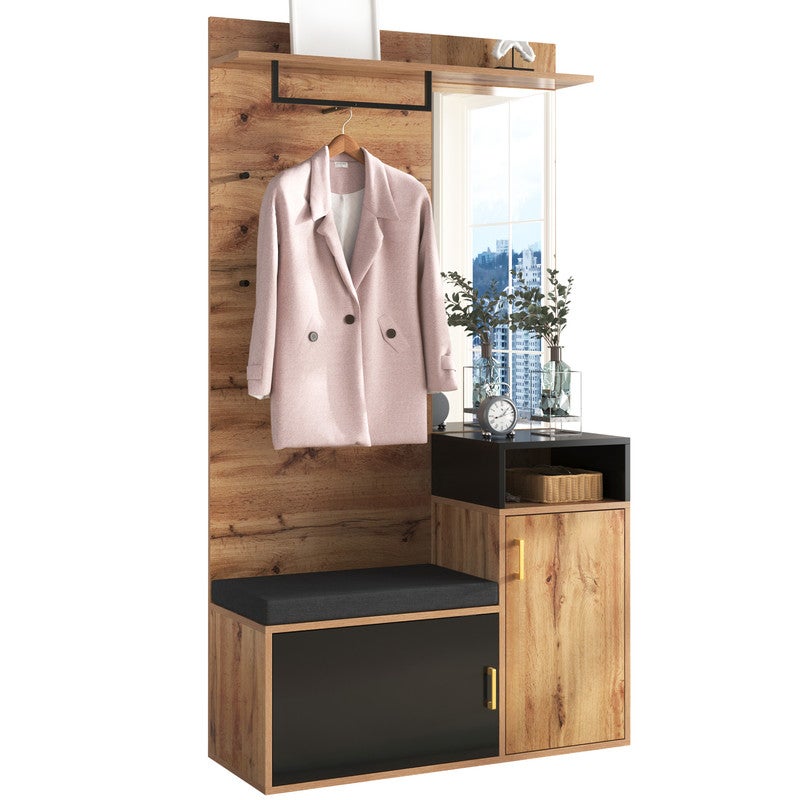 Vestiaire Entrée avec Banc Miroir Porte-Chaussures 4 Crochets Noir Bois 105x40x191.5cm MDF Meuble Rangement Hall Mural Penderie Tringle et Étagère - 6