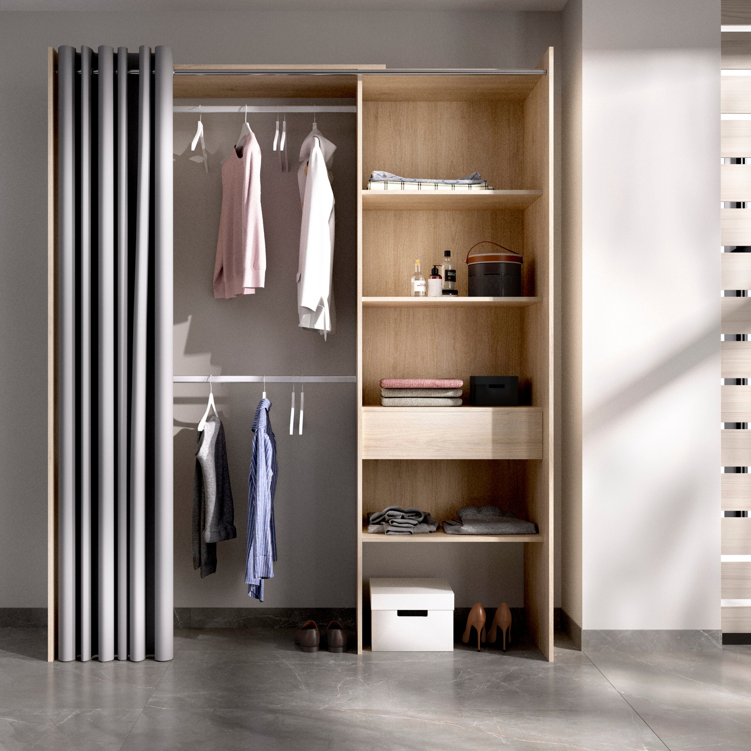 Dressing extensible avec rideau + 1 tiroir - Decor chene naturel - L 160-113 x P 50 x H 205 cm - SUIT - 8