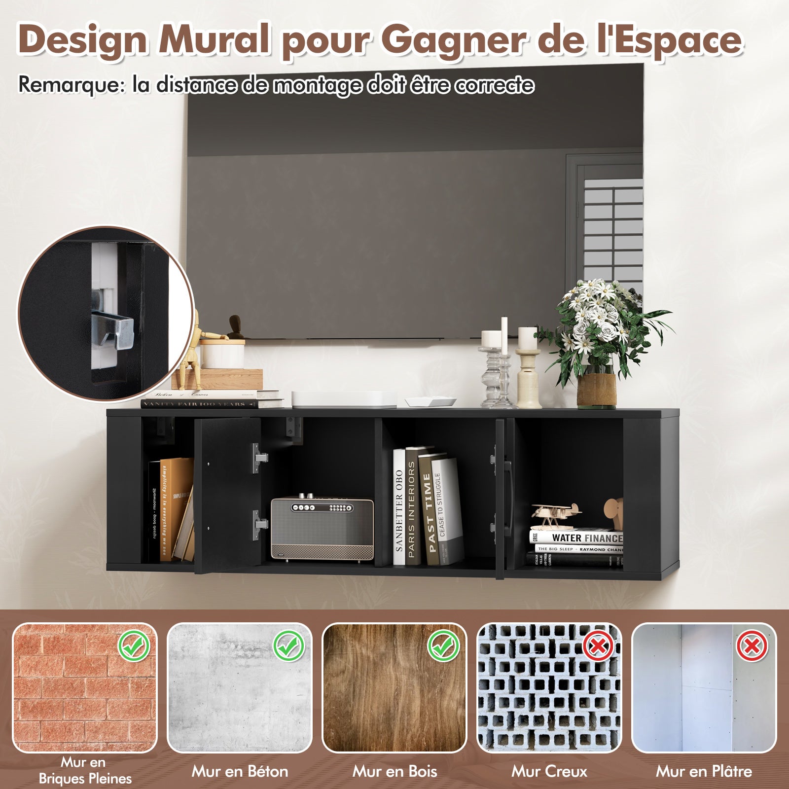 Armoire de Rangement Flottante à 2 Portes, Bureau Suspendu Mural avec 2 Cubes, Meuble de Console sous Télévision, pour Salon, Bureau, Cuisine, Noir - 4