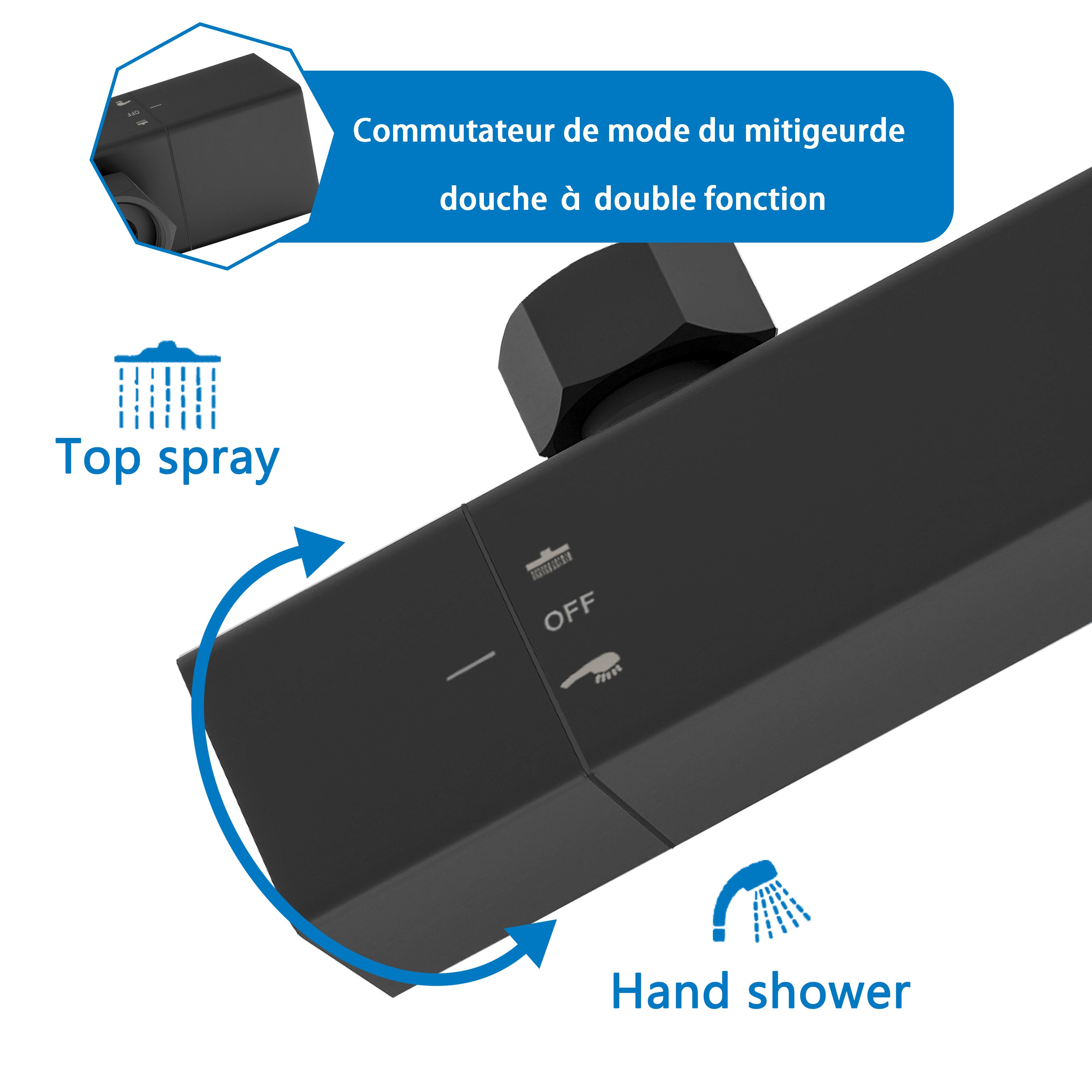 OCEAN Colonne de douche thermostatique, douchette carrée 200 mm + douchette, réglable en hauteur, noir mat - 6