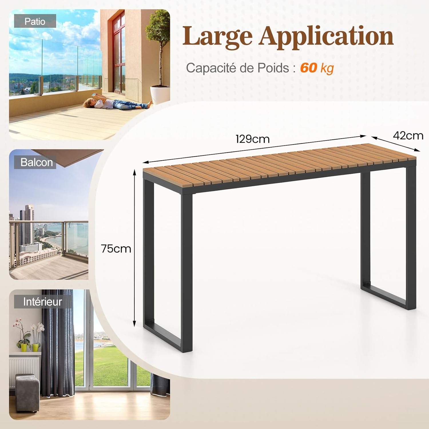Table Bar Exterieur, Table Haut Extérieur, Console Jardin Exterieur Structure Résistante en Métal, Cour et Terrasse, Charge 60KG, 129x42x75CM - 3