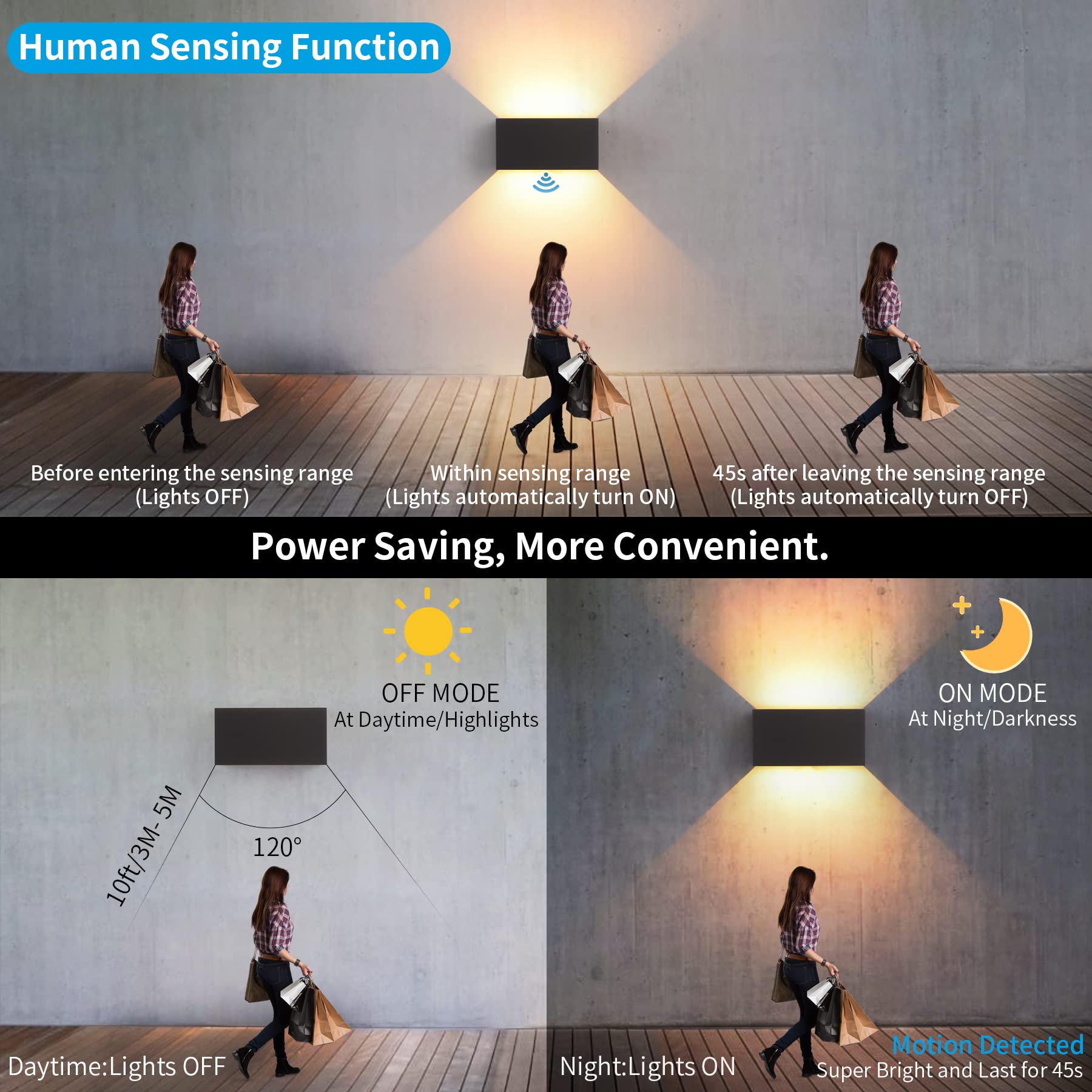2 confezioni di lampada da parete LED per interni/esterni con rilevatore di movimento, 12 W 3000 K luce bianca calda, IP 65 impermeabile, moderna illuminazione da esterno con angolo di illuminazione