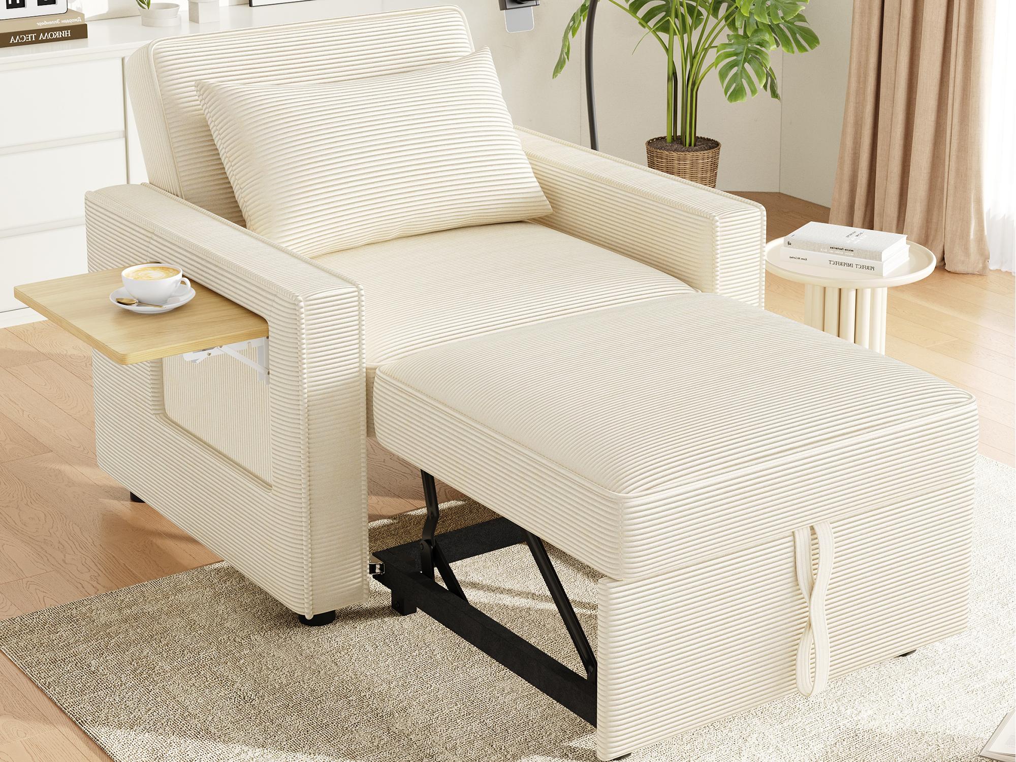 Wielofunkcyjna sofa rozkładana - z portami ładowania USB - z uchwytem na telefon - tkanina Corduroy - beżowa