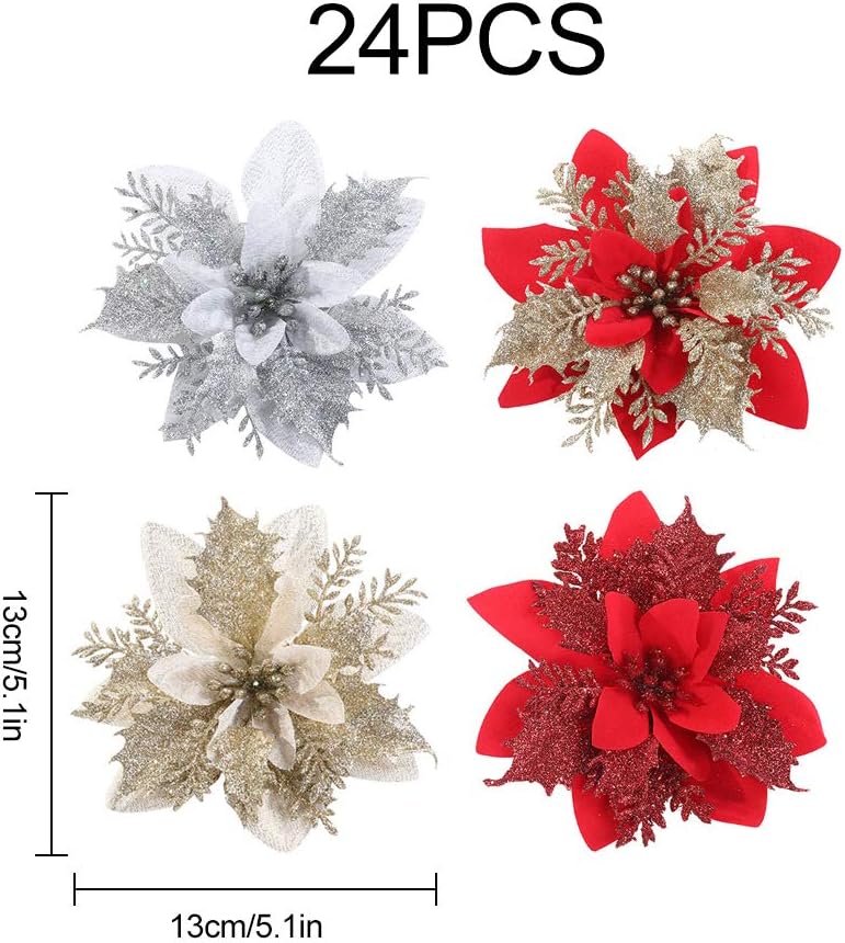 24 Pièces Glitter Fleurs de Poinsettia de Noël d’Ornement d'arbre de Noël Artificielle Fleurs de Poinsettia de Noël de Mariage pour Ornemen - 2