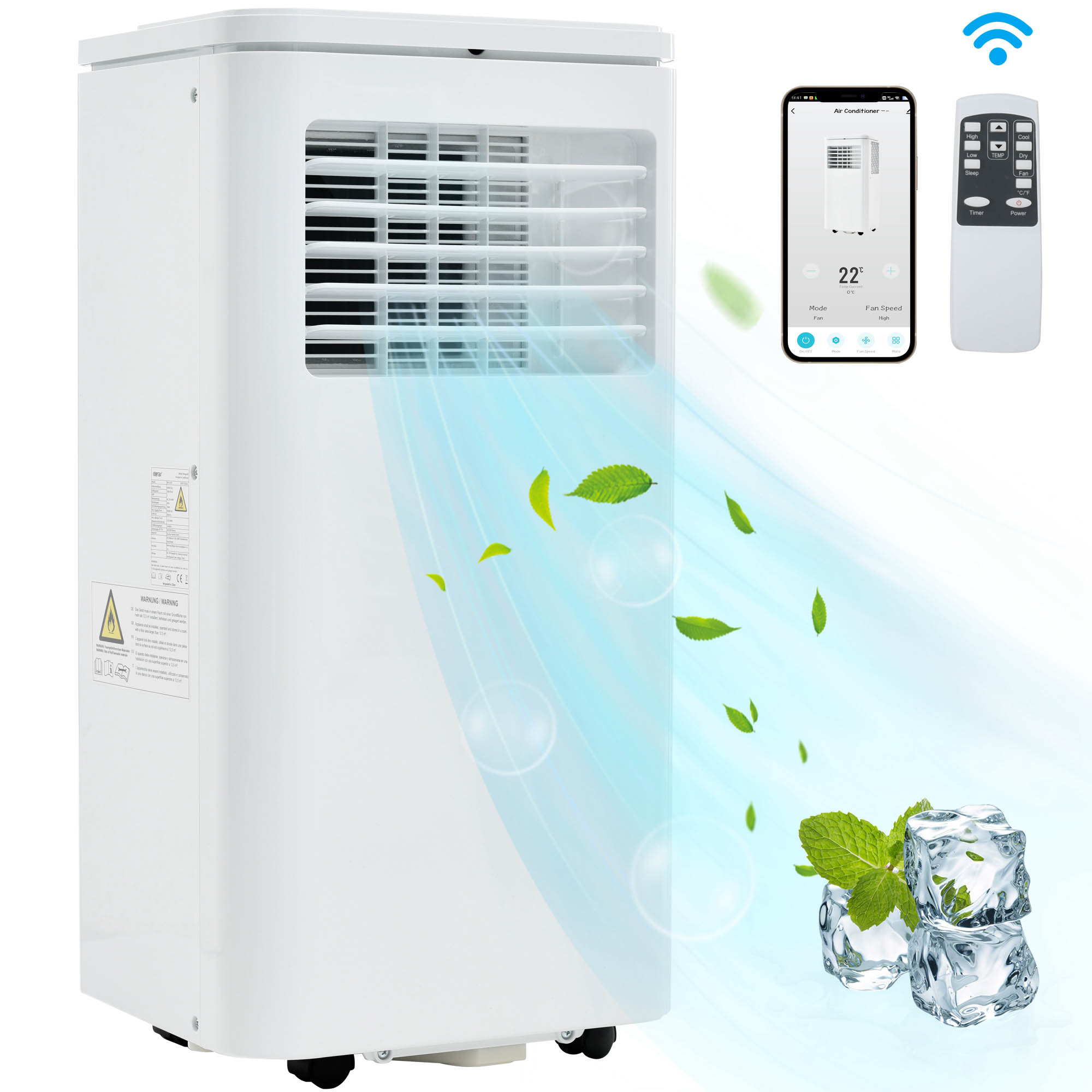 Klimatyzator przenośny 9000 BTU 2,5 kW Eco R290, osuszacz powietrza, pilot zdalnego sterowania i aplikacja, klasa A, 3 tryby, wyłącznik czasowy 24h