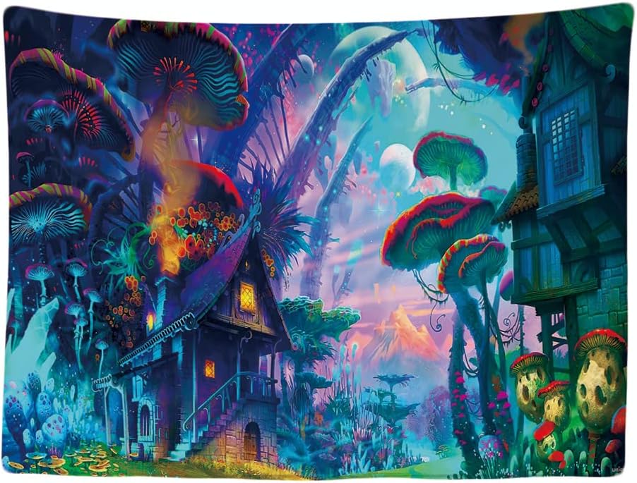 Dekoracyjna tapeta ścienna do sypialni – Dom w psychodelicznej naturze – 200 x 150 cm, duża – tapeta materiałowa – estetyczna tapeta ścienna