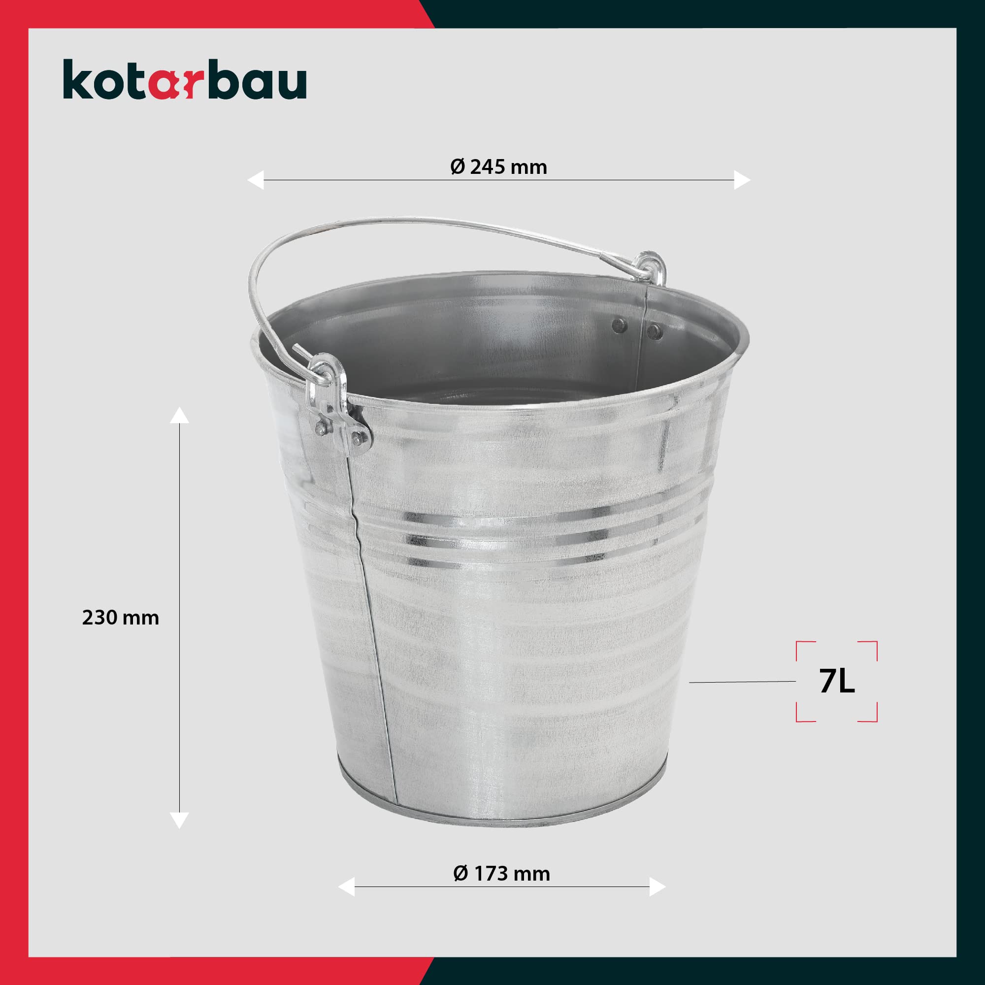 Seau à Cendre - Seau De Maçon - Acier Galvanisé - 7 L - Argent - pour le Jardinage - Résistant à la Rouille - Polyvalent KOTARBAU - 3