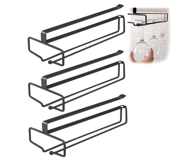 Estante colgante para copas de vino (3 piezas), color negro, soporte para copas, soporte para copas de vino, soporte para copas