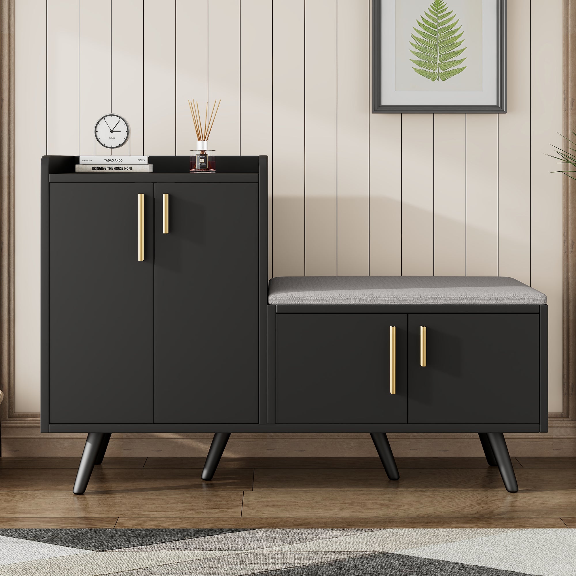 Panca Portascarpe Da Ingresso Con Seduta Imbottita, 2 Ripiani, Struttura In Metallo Nero E Cuscino In Ecopelle - Moderna E Salvaspazio (80x31,8x51,8 Cm)