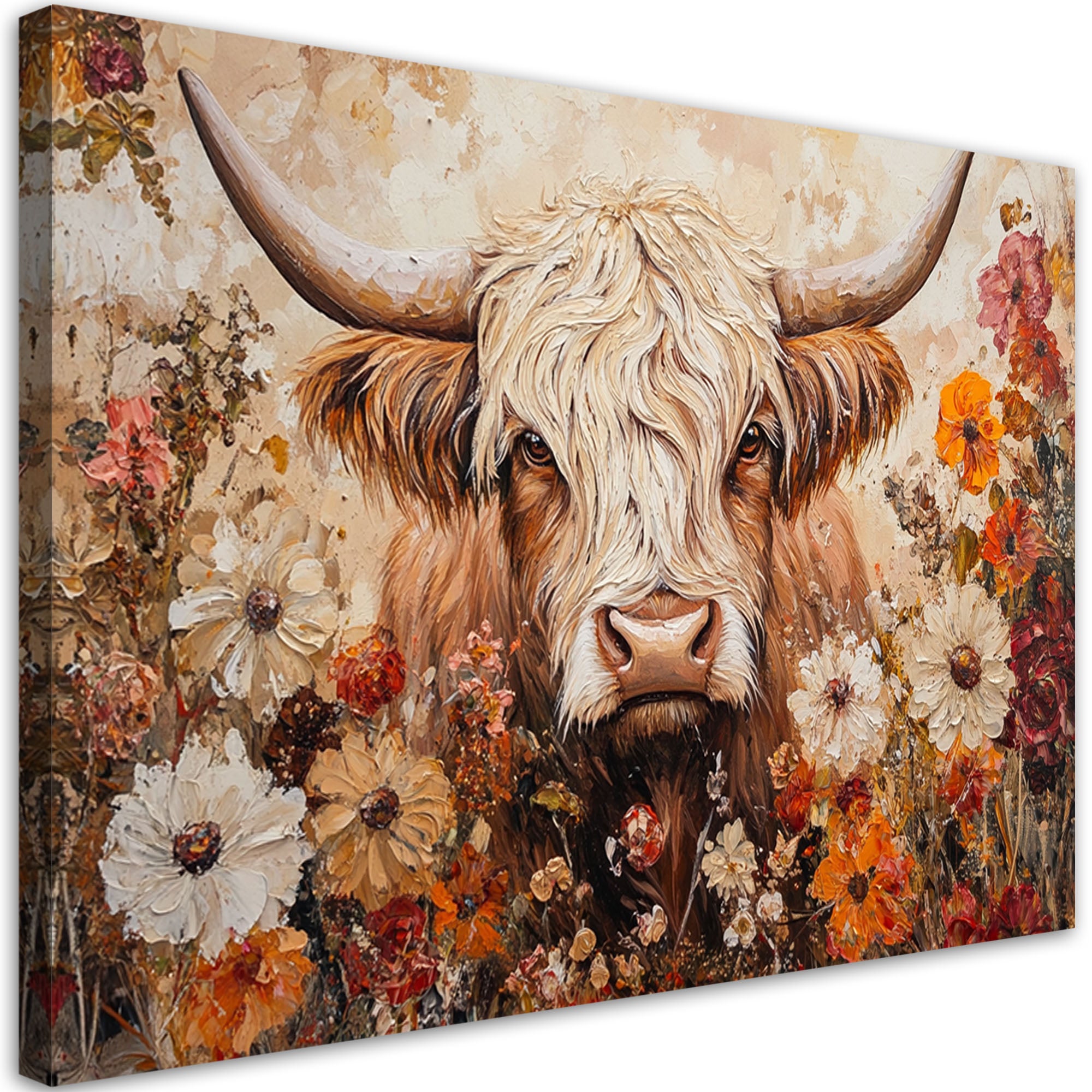 Obraz na płótnie, Krowa Szkocka Retro Kwiaty 90x60