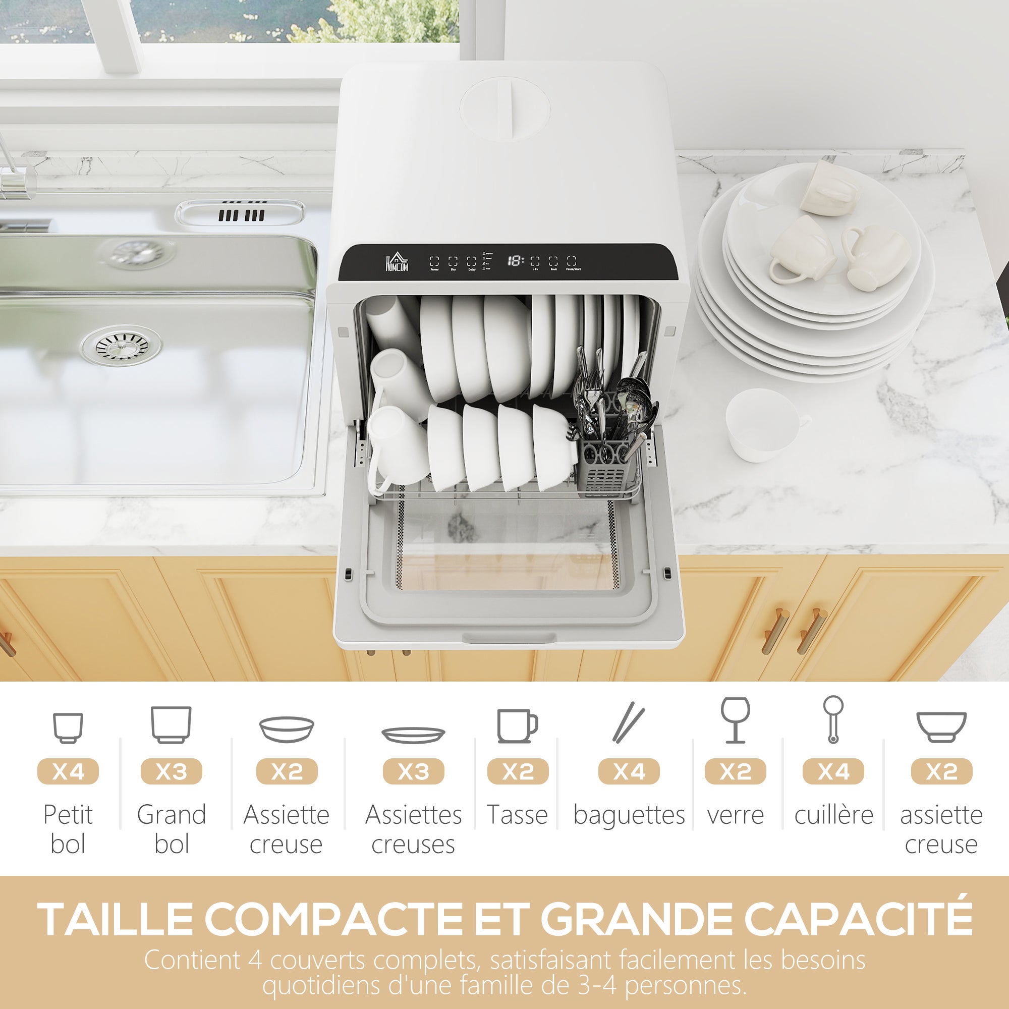 Mini lave-vaisselle compact 4 couverts, lave-vaisselle de table, 6 programmes, commandes tactiles, réservoir 6 L, blanc - 6