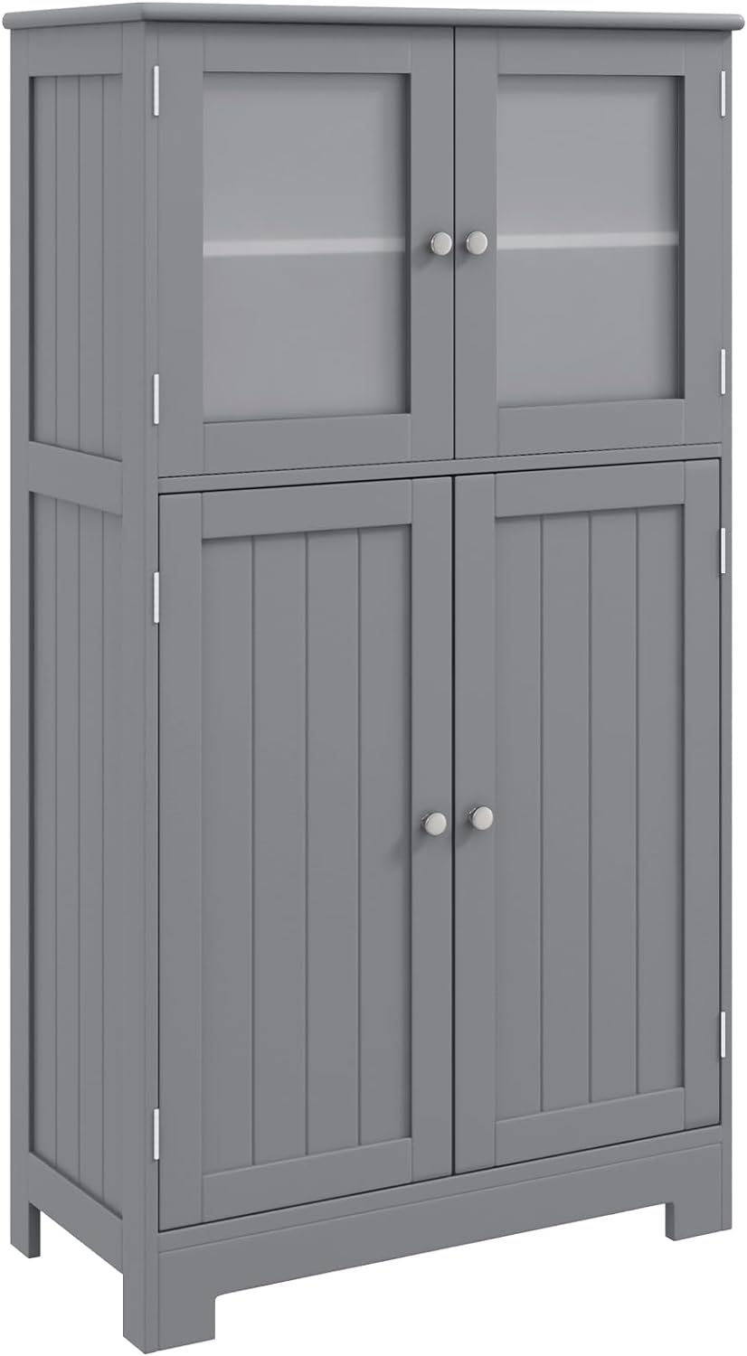 Szafka do Przechowywania 60 x 30 x 108,5 cm, Szafka Bufetowa na Nóżkach, z Regulowaną Półką, z 4 Drzwiami i Hartowanym Szkłem (Szara)