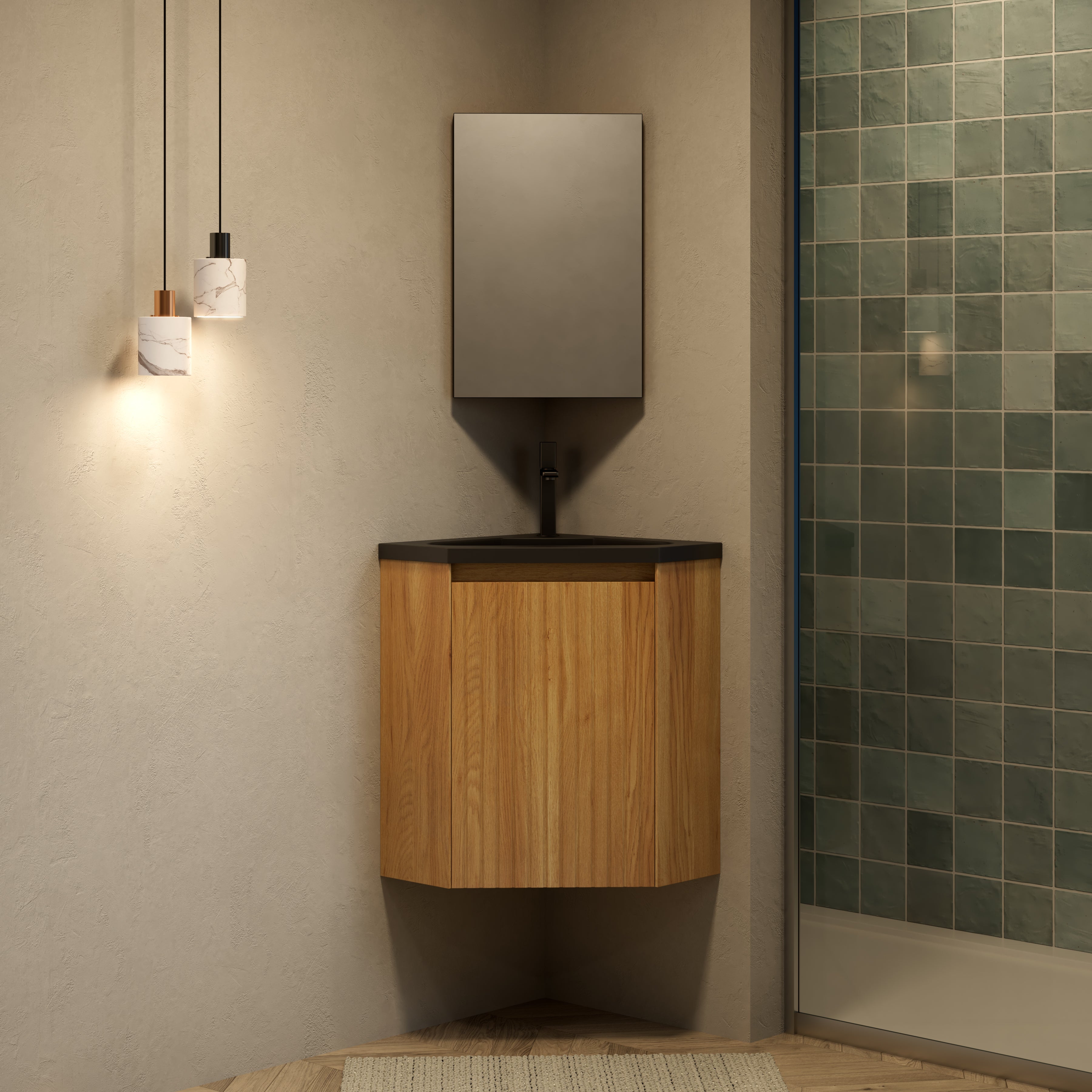 Meuble vasque d’angle suspendu 38 cm avec vasque intégrée en résine noire mate, armoire triangulaire à une porte, finition bois naturel - 7
