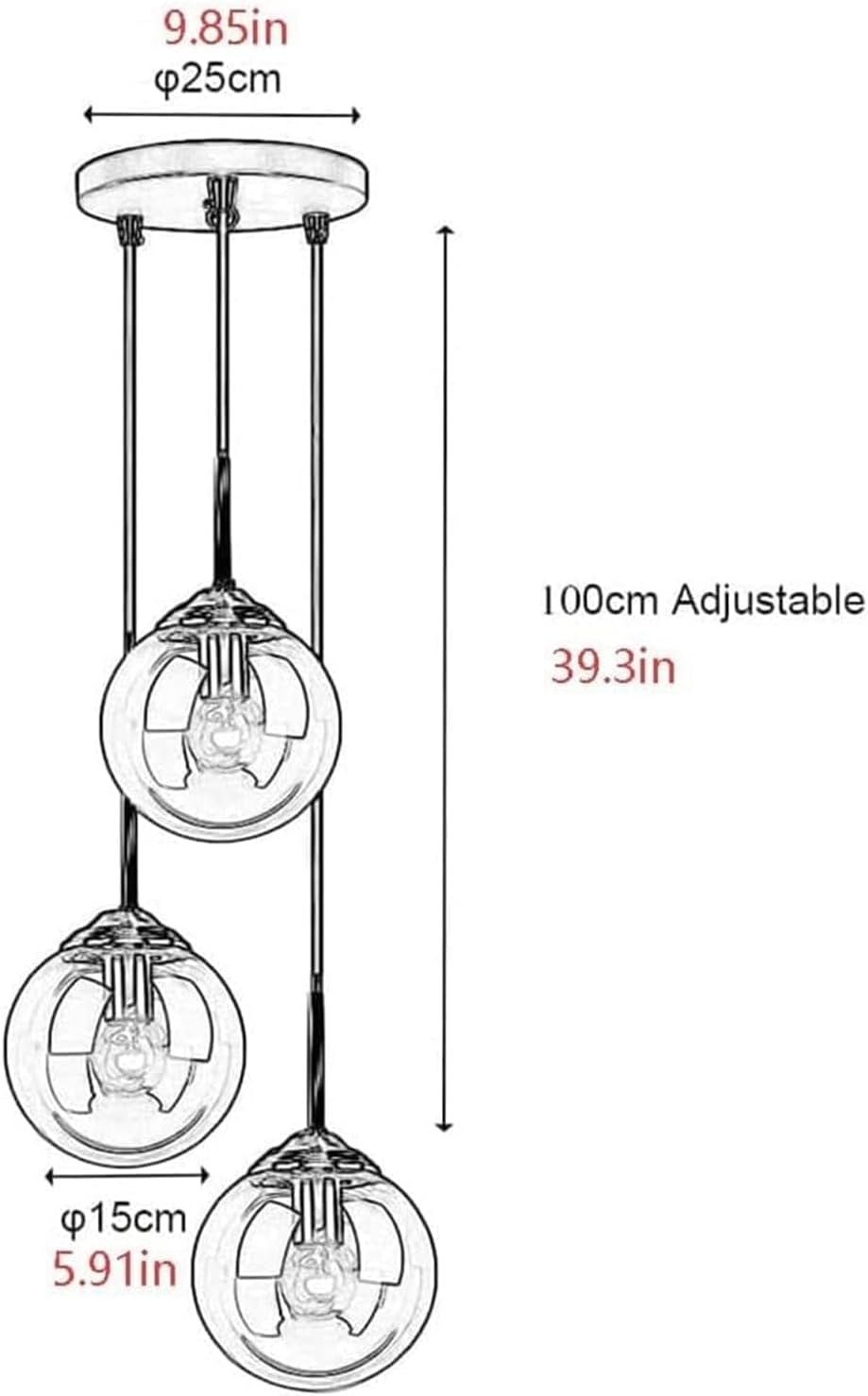 Lustre industriel rétro en laiton, 3 ampoules, sphères en verre ambré, lustre à grappes, culot E27. - 5