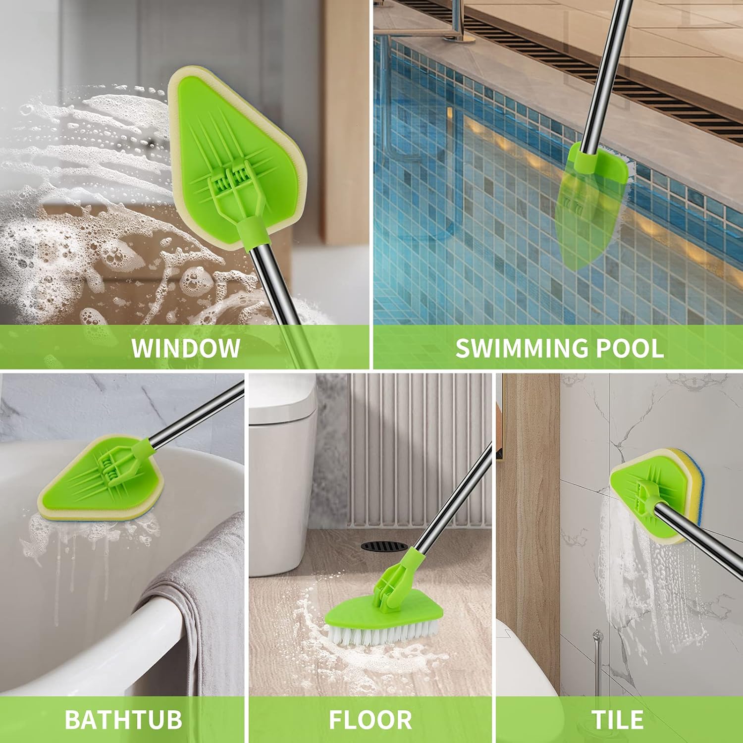 Brosse de nettoyage à long manche de 35 pouces pour le nettoyage du verre - extensible, avec têtes de rechange multifonctionnelles. - 5